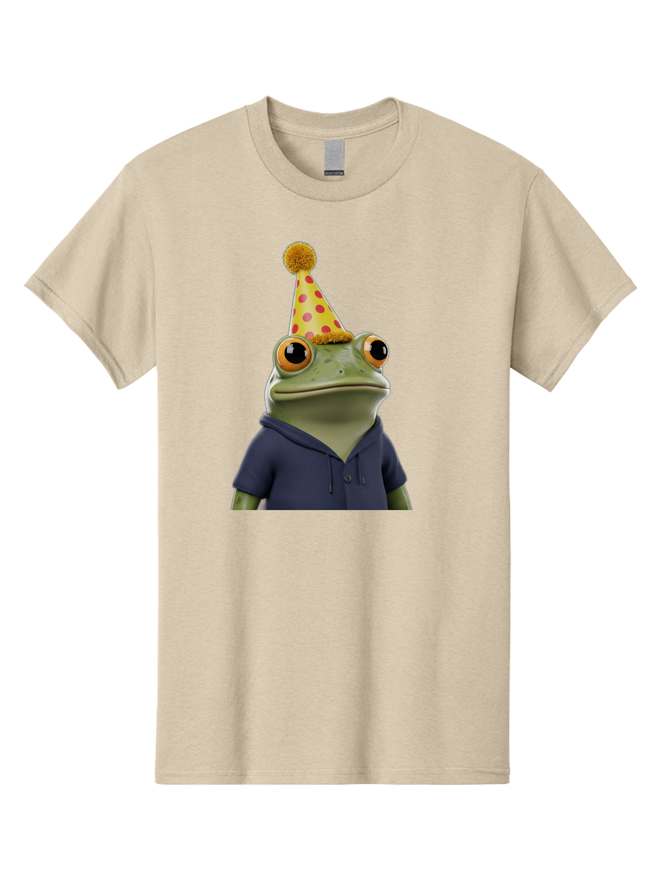 Frog-In-Party-Hat-2 Men'S Graphic Tee, 100% Cotton, Comfortable Casual Summer Wear, Machine Washable, Cartoon Frog, Party Hat, Red And Pink Polka Dots, Yellow Hat, Blue Hoodie, Casual Wear, Celebration, Festive Atmosphere, Funny Character, Bab922