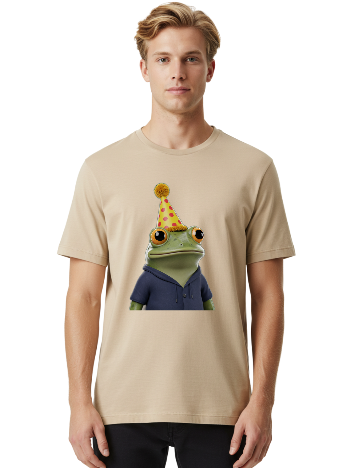 Frog-In-Party-Hat-2 Men'S Graphic Tee, 100% Cotton, Comfortable Casual Summer Wear, Machine Washable, Cartoon Frog, Party Hat, Red And Pink Polka Dots, Yellow Hat, Blue Hoodie, Casual Wear, Celebration, Festive Atmosphere, Funny Character, Bab922