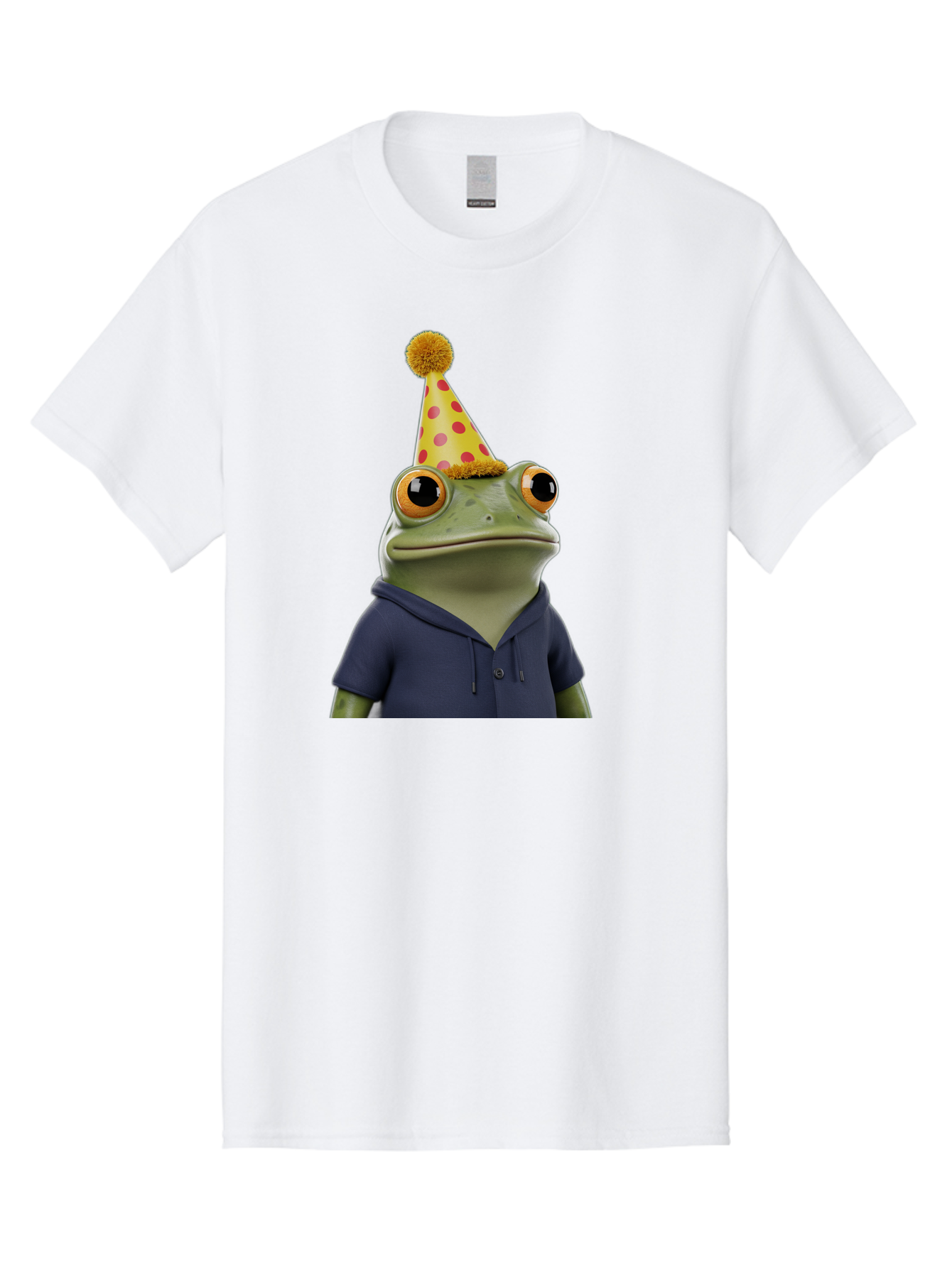 Frog-In-Party-Hat-2 Men'S Graphic Tee, 100% Cotton, Comfortable Casual Summer Wear, Machine Washable, Cartoon Frog, Party Hat, Red And Pink Polka Dots, Yellow Hat, Blue Hoodie, Casual Wear, Celebration, Festive Atmosphere, Funny Character, Bab922