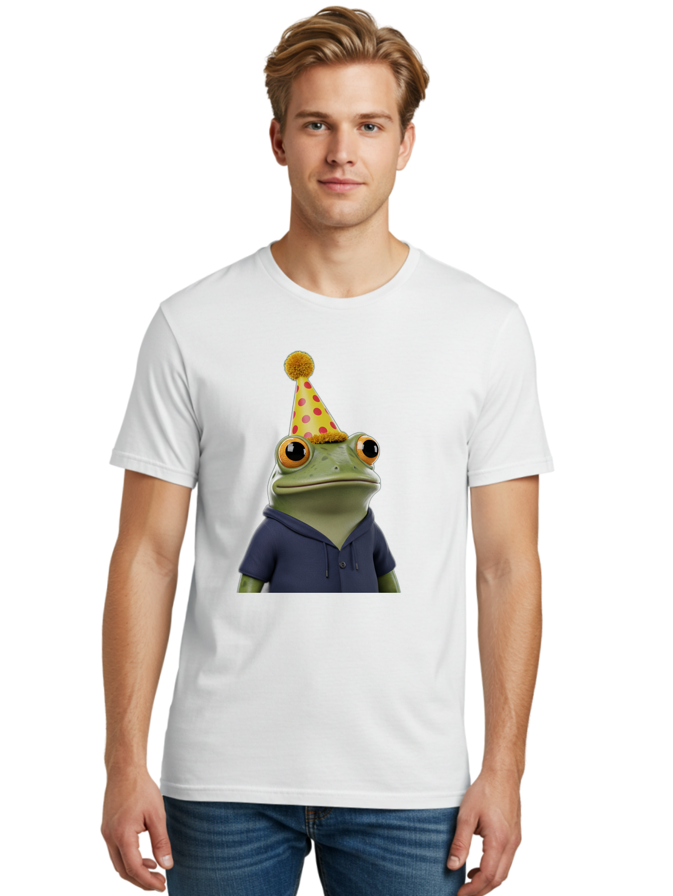 Frog-In-Party-Hat-2 Men'S Graphic Tee, 100% Cotton, Comfortable Casual Summer Wear, Machine Washable, Cartoon Frog, Party Hat, Red And Pink Polka Dots, Yellow Hat, Blue Hoodie, Casual Wear, Celebration, Festive Atmosphere, Funny Character, Bab922