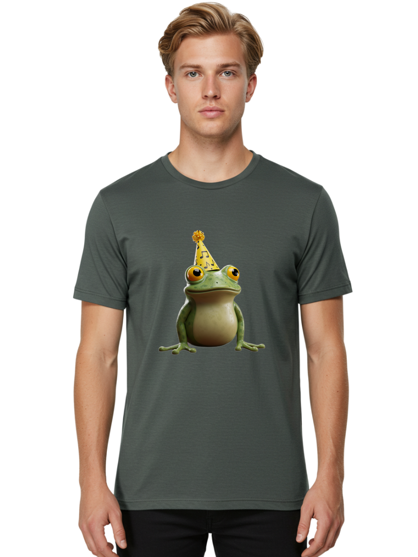 Frog-In-Party-Hat-3 Men'S Graphic Tee, 100% Cotton, Comfortable Casual Summer Wear, Machine Washable, Cartoon Frog, Party Hat, Celebration, Funny Animal, Comical Expression, Quirky Character, Playful Vibe, Silly Graphics Bab923