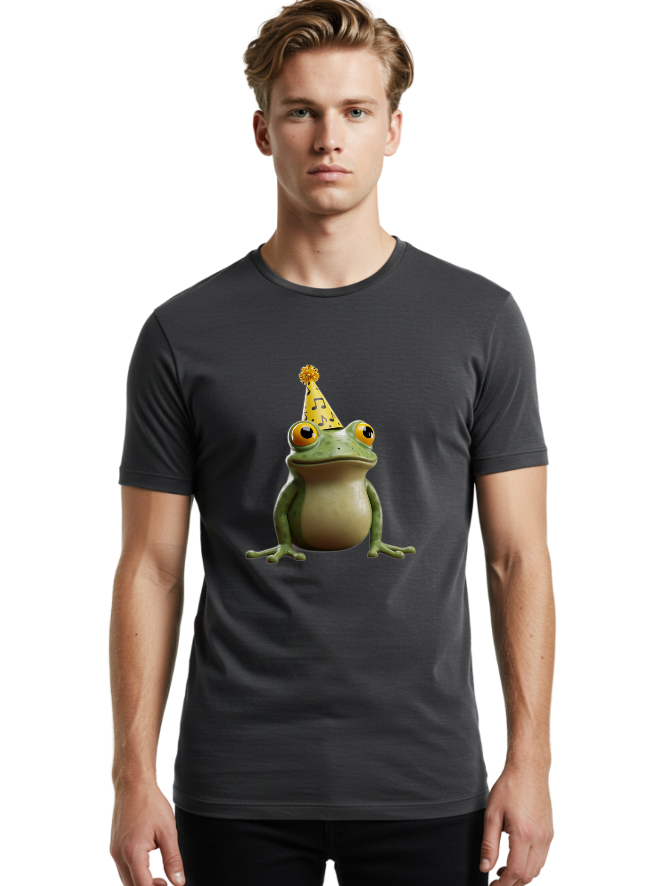 Frog-In-Party-Hat-3 Men'S Graphic Tee, 100% Cotton, Comfortable Casual Summer Wear, Machine Washable, Cartoon Frog, Party Hat, Celebration, Funny Animal, Comical Expression, Quirky Character, Playful Vibe, Silly Graphics Bab923