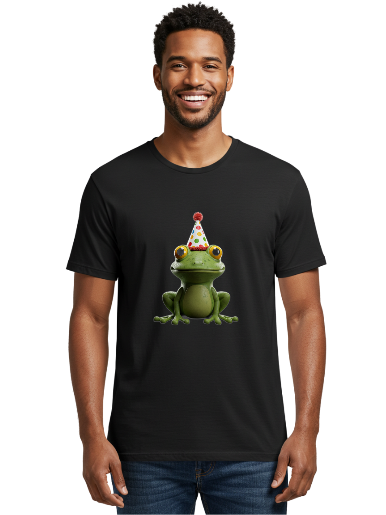 Frog-In-Party-Hat Men'S Graphic Tee, 100% Cotton, Comfortable Casual Summer Wear, Machine Washable, Funny Frog, Party Hat, Celebration, Colorful Eyes, Festive Atmosphere, Cute Amphibian, Playful Vibe, Joyful Moments, Cartoon Character, Bab924