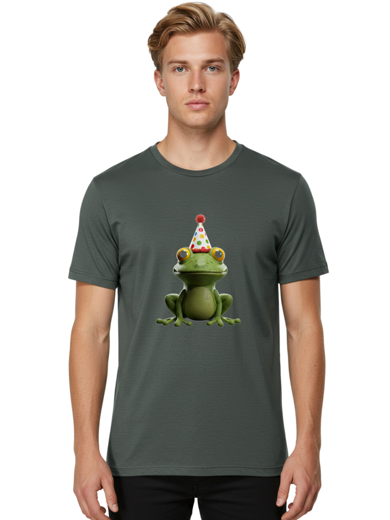 Frog-In-Party-Hat Men'S Graphic Tee, 100% Cotton, Comfortable Casual Summer Wear, Machine Washable, Funny Frog, Party Hat, Celebration, Colorful Eyes, Festive Atmosphere, Cute Amphibian, Playful Vibe, Joyful Moments, Cartoon Character, Bab924