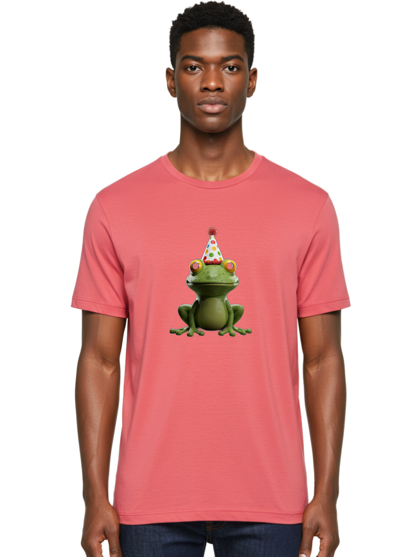 Frog-In-Party-Hat Men'S Graphic Tee, 100% Cotton, Comfortable Casual Summer Wear, Machine Washable, Funny Frog, Party Hat, Celebration, Colorful Eyes, Festive Atmosphere, Cute Amphibian, Playful Vibe, Joyful Moments, Cartoon Character, Bab924
