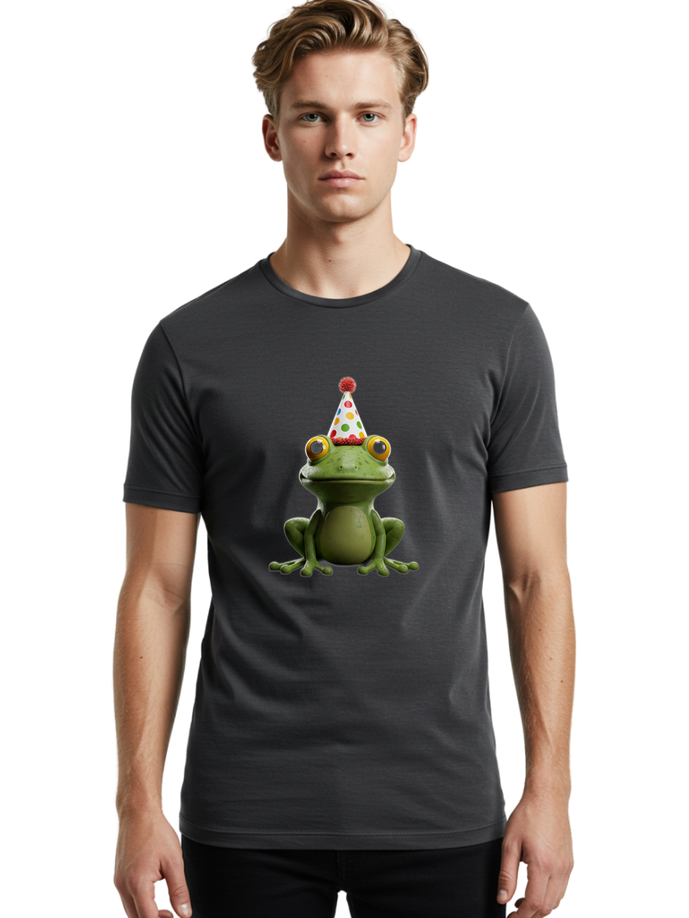 Frog-In-Party-Hat Men'S Graphic Tee, 100% Cotton, Comfortable Casual Summer Wear, Machine Washable, Funny Frog, Party Hat, Celebration, Colorful Eyes, Festive Atmosphere, Cute Amphibian, Playful Vibe, Joyful Moments, Cartoon Character, Bab924