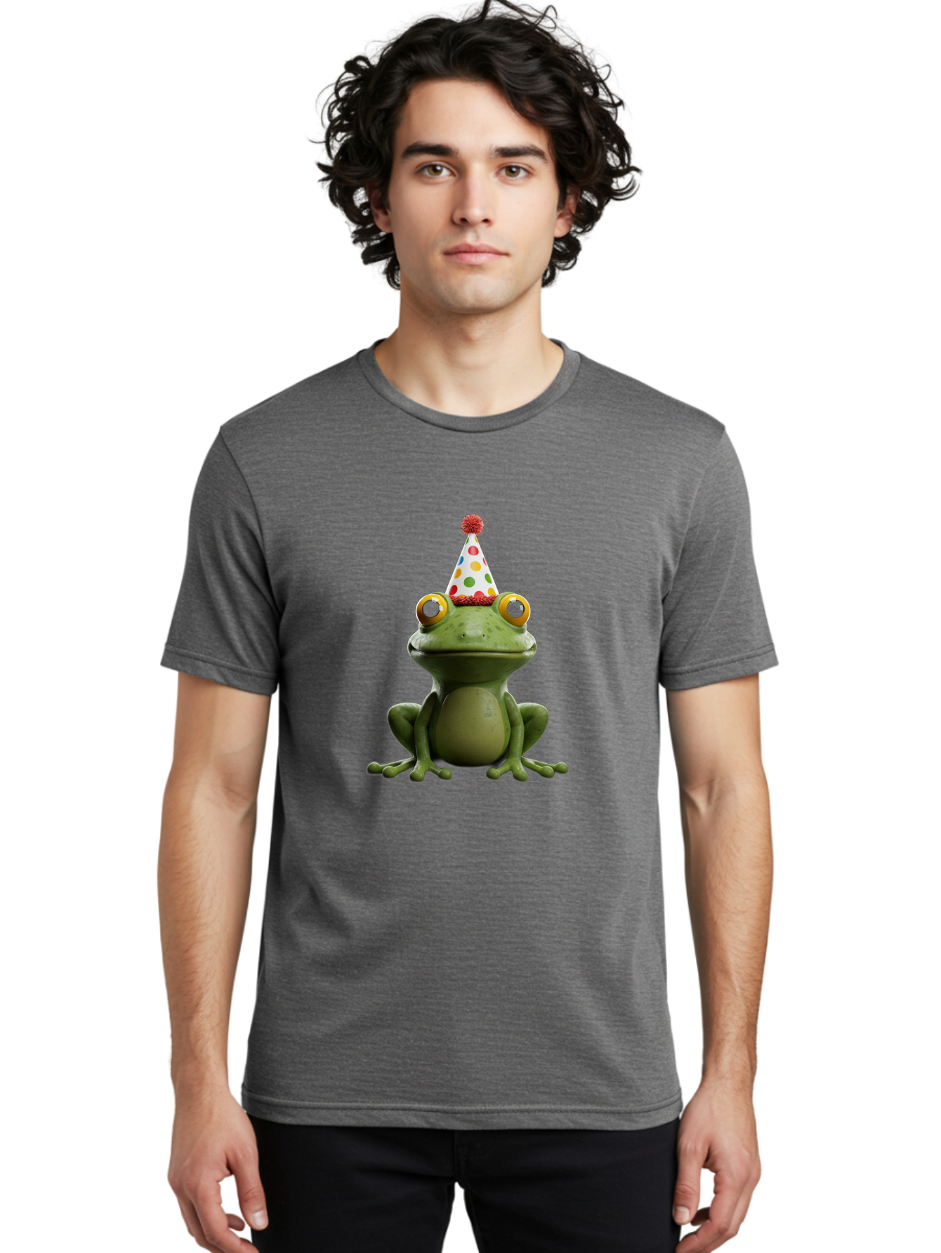 Frog-In-Party-Hat Men'S Graphic Tee, 100% Cotton, Comfortable Casual Summer Wear, Machine Washable, Funny Frog, Party Hat, Celebration, Colorful Eyes, Festive Atmosphere, Cute Amphibian, Playful Vibe, Joyful Moments, Cartoon Character, Bab924