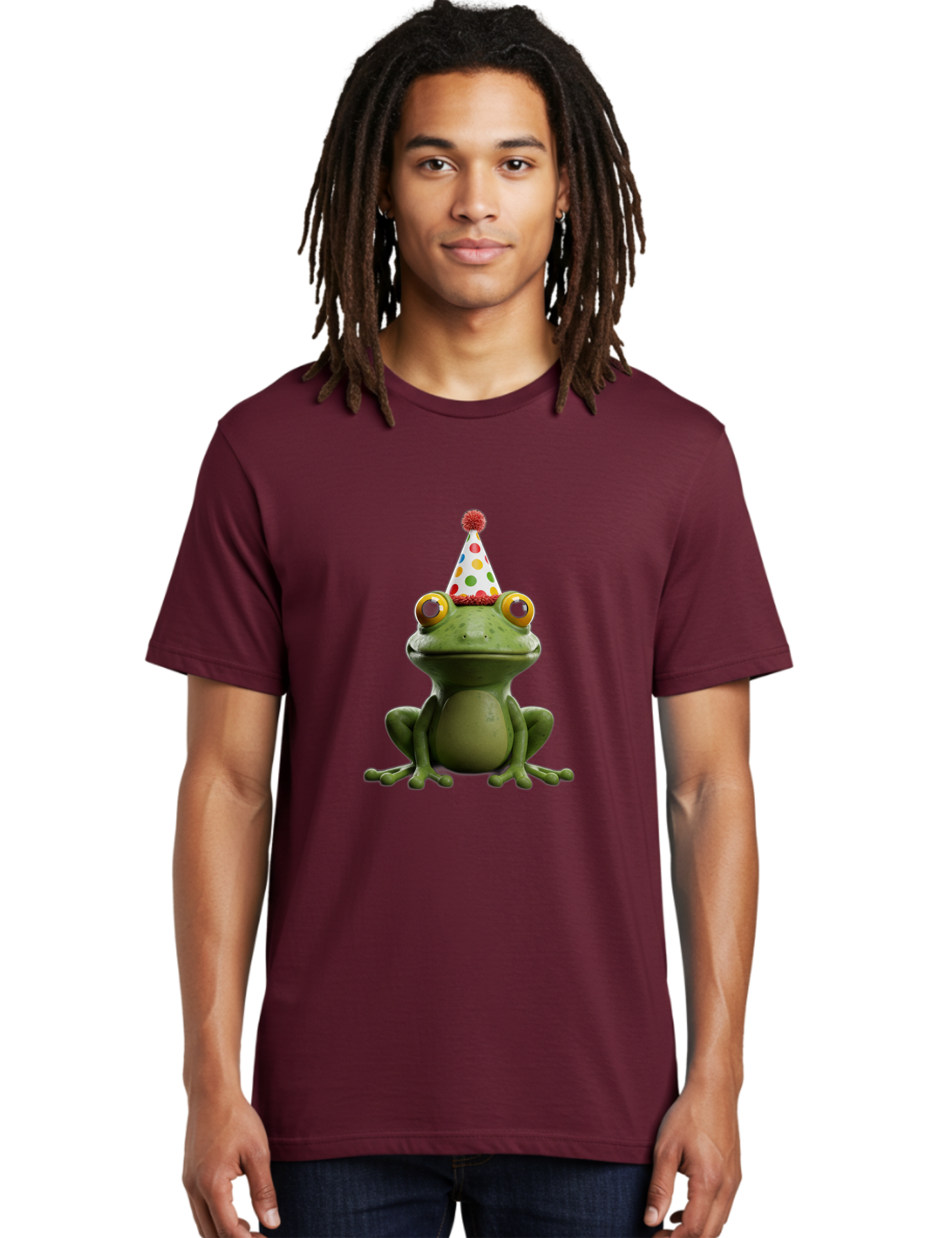Frog-In-Party-Hat Men'S Graphic Tee, 100% Cotton, Comfortable Casual Summer Wear, Machine Washable, Funny Frog, Party Hat, Celebration, Colorful Eyes, Festive Atmosphere, Cute Amphibian, Playful Vibe, Joyful Moments, Cartoon Character, Bab924