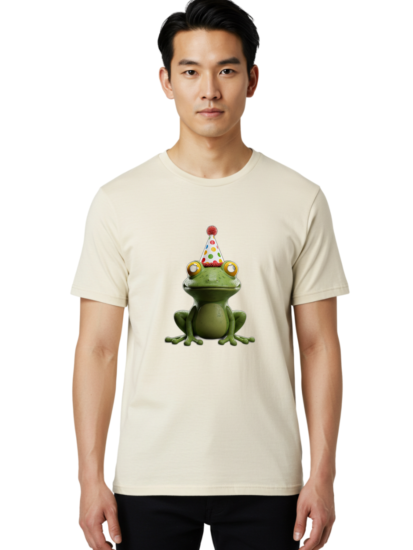 Frog-In-Party-Hat Men'S Graphic Tee, 100% Cotton, Comfortable Casual Summer Wear, Machine Washable, Funny Frog, Party Hat, Celebration, Colorful Eyes, Festive Atmosphere, Cute Amphibian, Playful Vibe, Joyful Moments, Cartoon Character, Bab924