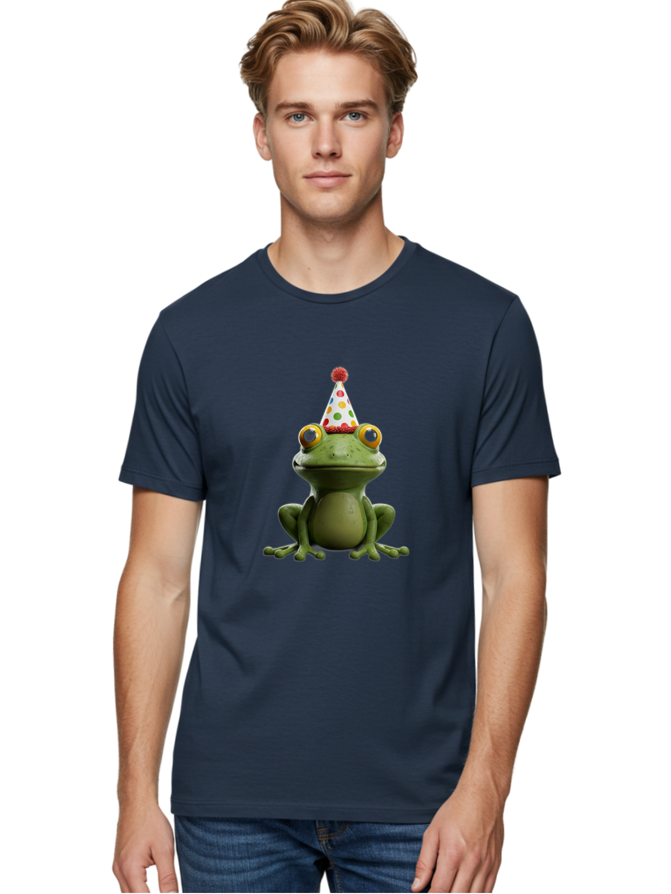 Frog-In-Party-Hat Men'S Graphic Tee, 100% Cotton, Comfortable Casual Summer Wear, Machine Washable, Funny Frog, Party Hat, Celebration, Colorful Eyes, Festive Atmosphere, Cute Amphibian, Playful Vibe, Joyful Moments, Cartoon Character, Bab924