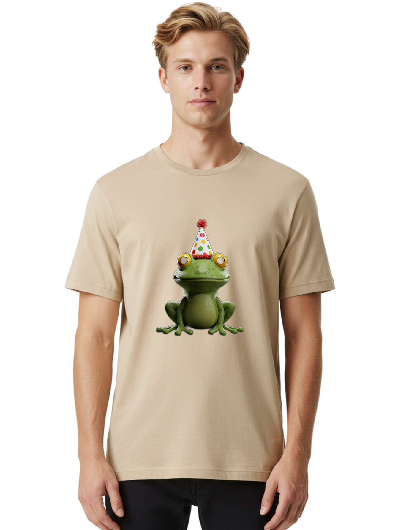 Frog-In-Party-Hat Men'S Graphic Tee, 100% Cotton, Comfortable Casual Summer Wear, Machine Washable, Funny Frog, Party Hat, Celebration, Colorful Eyes, Festive Atmosphere, Cute Amphibian, Playful Vibe, Joyful Moments, Cartoon Character, Bab924