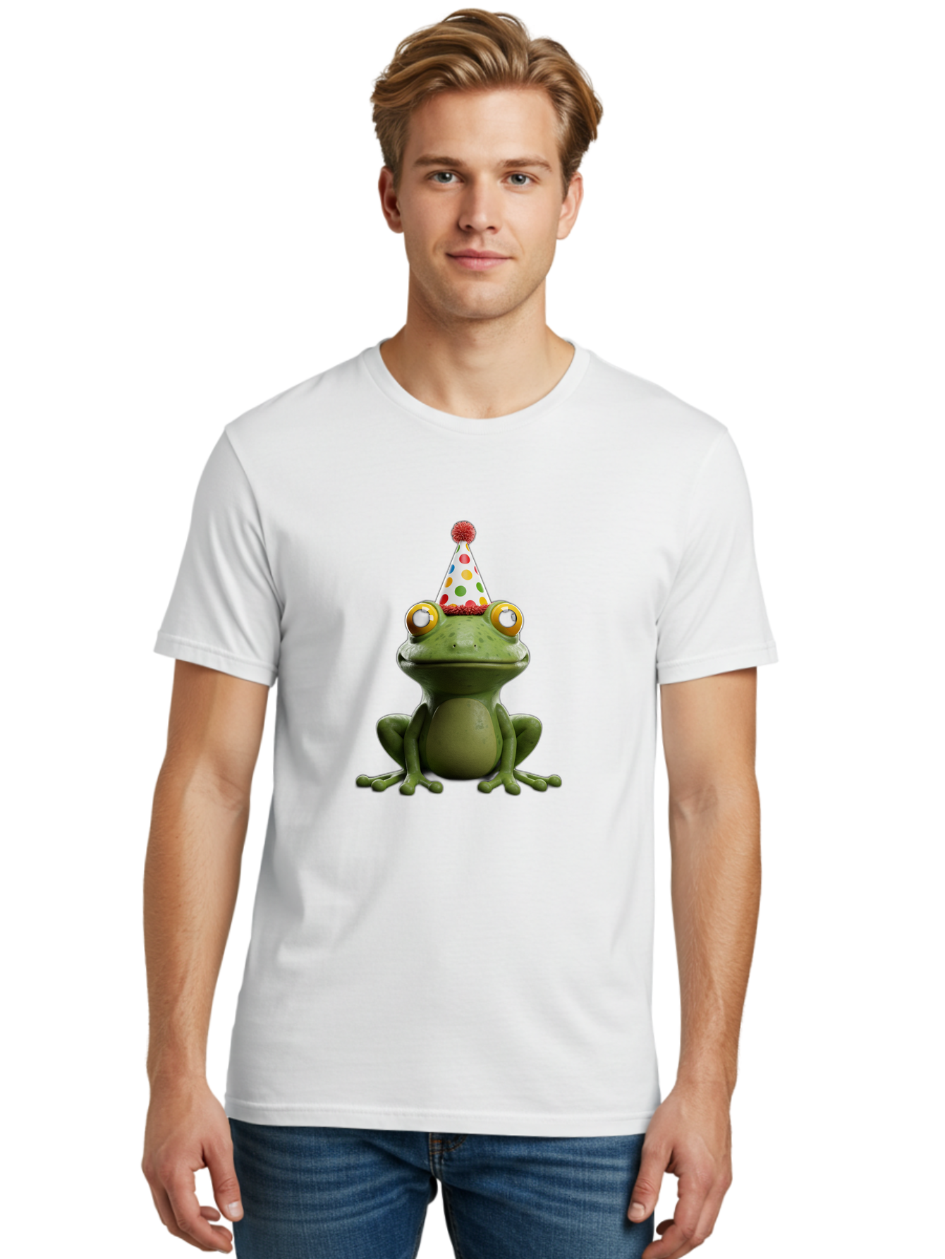 Frog-In-Party-Hat Men'S Graphic Tee, 100% Cotton, Comfortable Casual Summer Wear, Machine Washable, Funny Frog, Party Hat, Celebration, Colorful Eyes, Festive Atmosphere, Cute Amphibian, Playful Vibe, Joyful Moments, Cartoon Character, Bab924