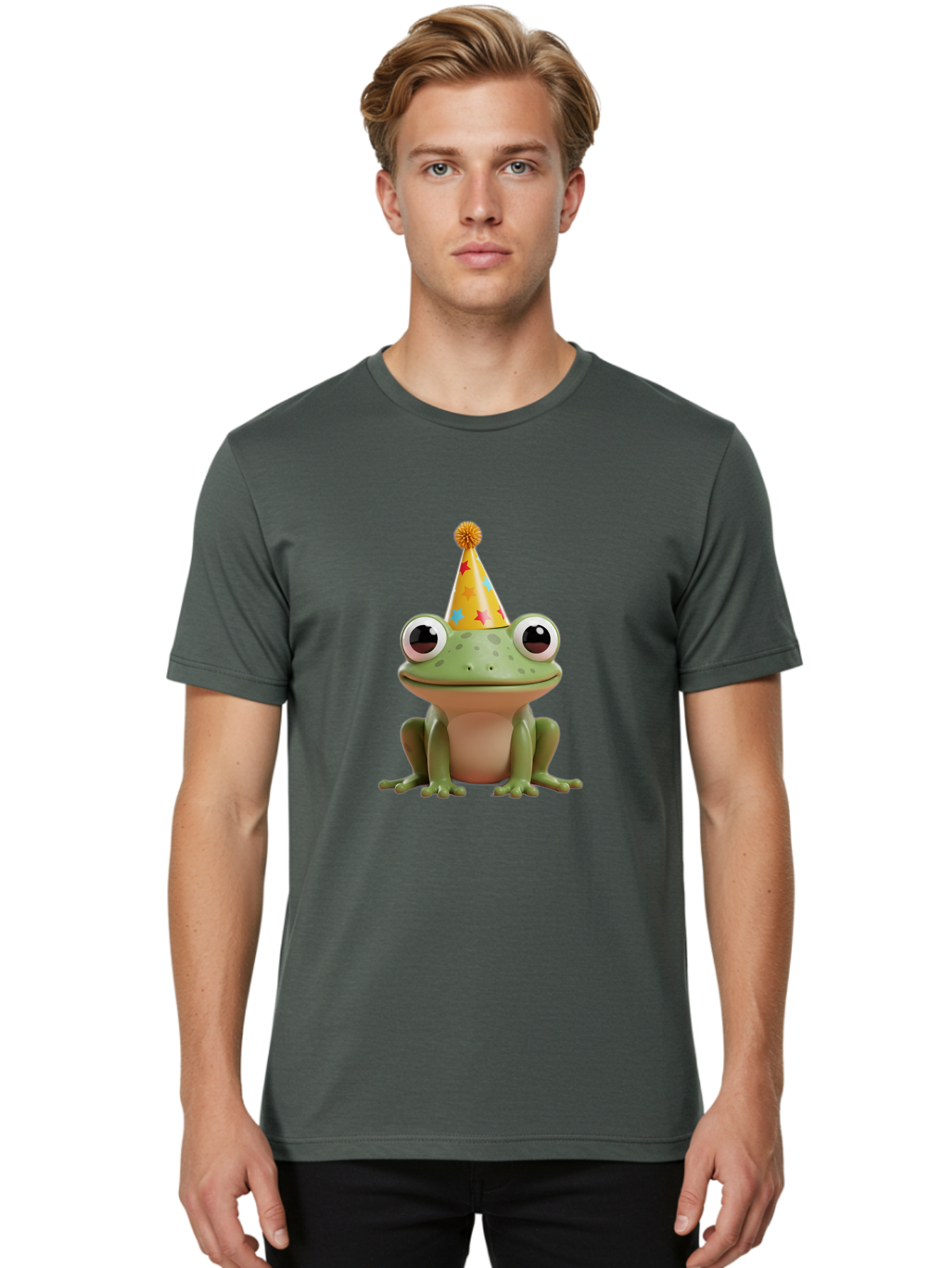 Frog-Party-Hat Men'S Graphic Tee, 100% Cotton, Comfortable Casual Summer Wear, Machine Washable, Green Frog, Party Hat, Festive Celebration, Cartoon Character, Cute Animal, Funny Illustration, Birthday Party, Holiday Fun, Joyful Atmosphere Bab926