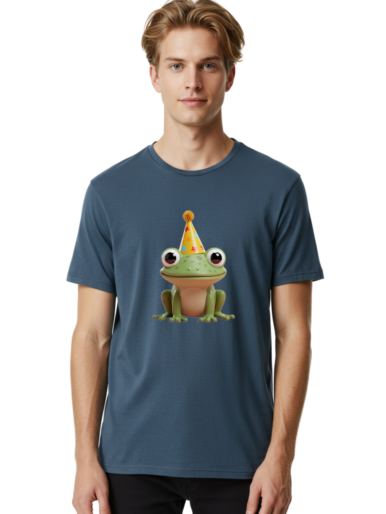 Frog-Party-Hat Men'S Graphic Tee, 100% Cotton, Comfortable Casual Summer Wear, Machine Washable, Green Frog, Party Hat, Festive Celebration, Cartoon Character, Cute Animal, Funny Illustration, Birthday Party, Holiday Fun, Joyful Atmosphere Bab926