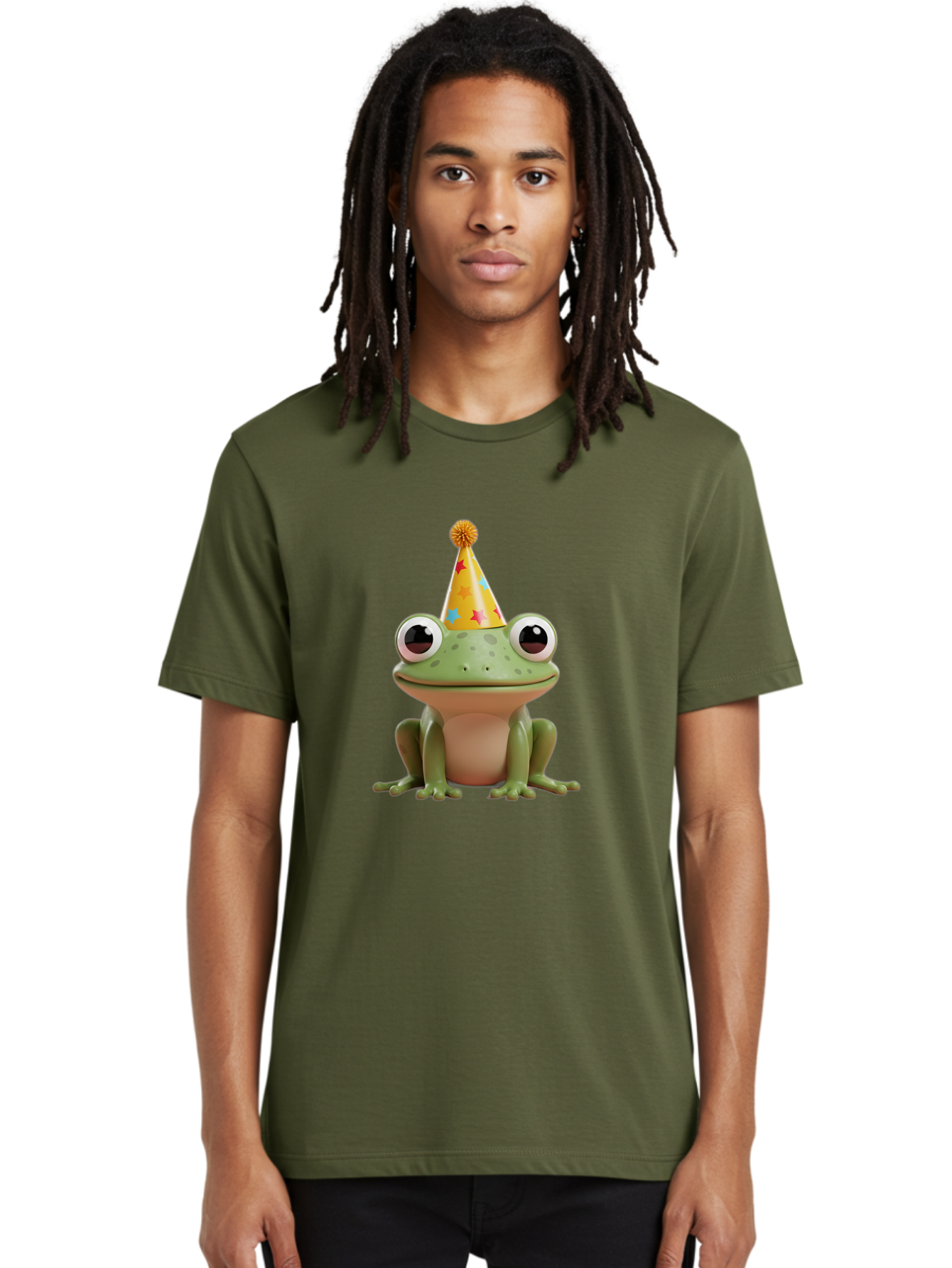 Frog-Party-Hat Men'S Graphic Tee, 100% Cotton, Comfortable Casual Summer Wear, Machine Washable, Green Frog, Party Hat, Festive Celebration, Cartoon Character, Cute Animal, Funny Illustration, Birthday Party, Holiday Fun, Joyful Atmosphere Bab926