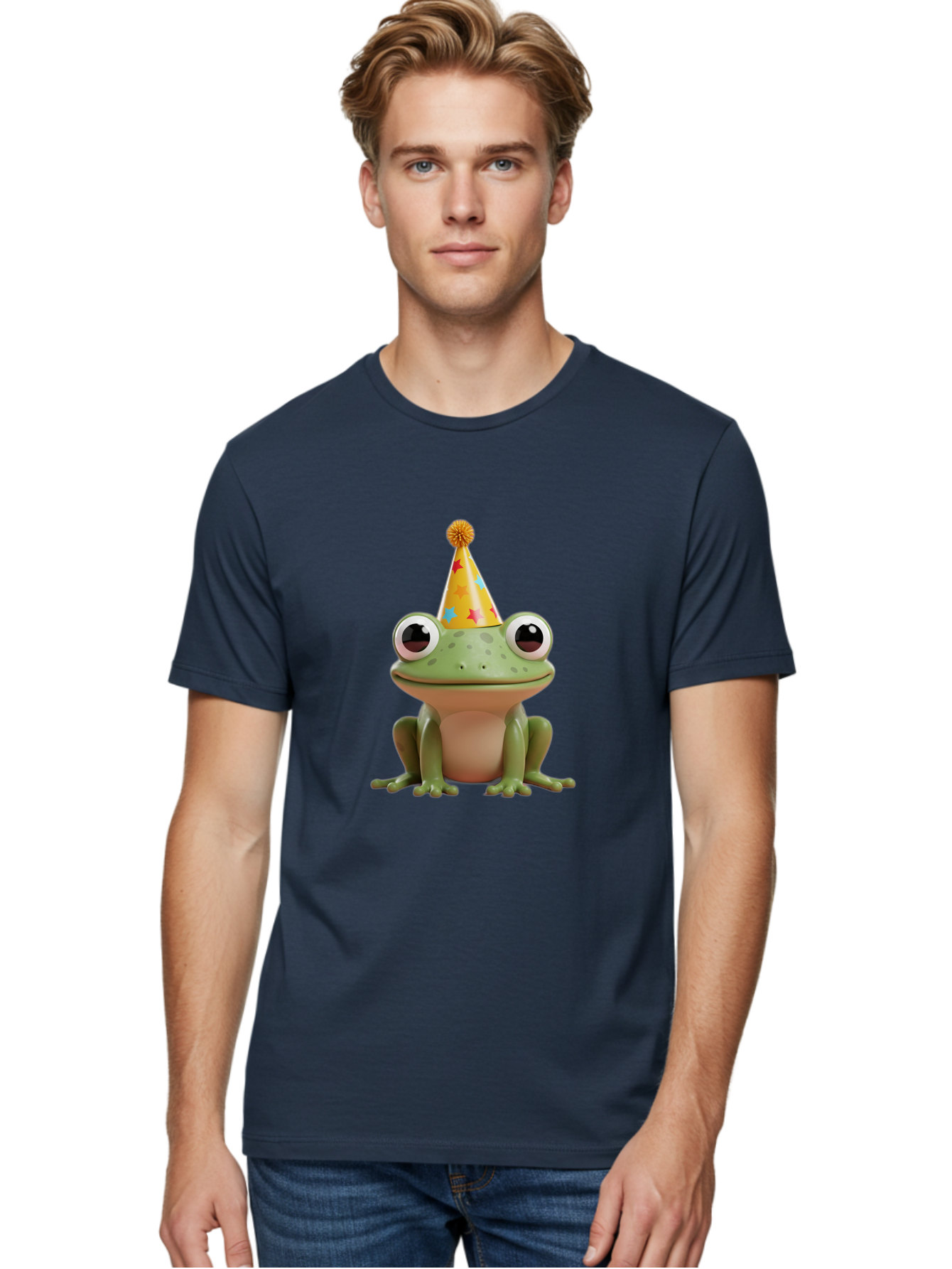 Frog-Party-Hat Men'S Graphic Tee, 100% Cotton, Comfortable Casual Summer Wear, Machine Washable, Green Frog, Party Hat, Festive Celebration, Cartoon Character, Cute Animal, Funny Illustration, Birthday Party, Holiday Fun, Joyful Atmosphere Bab926