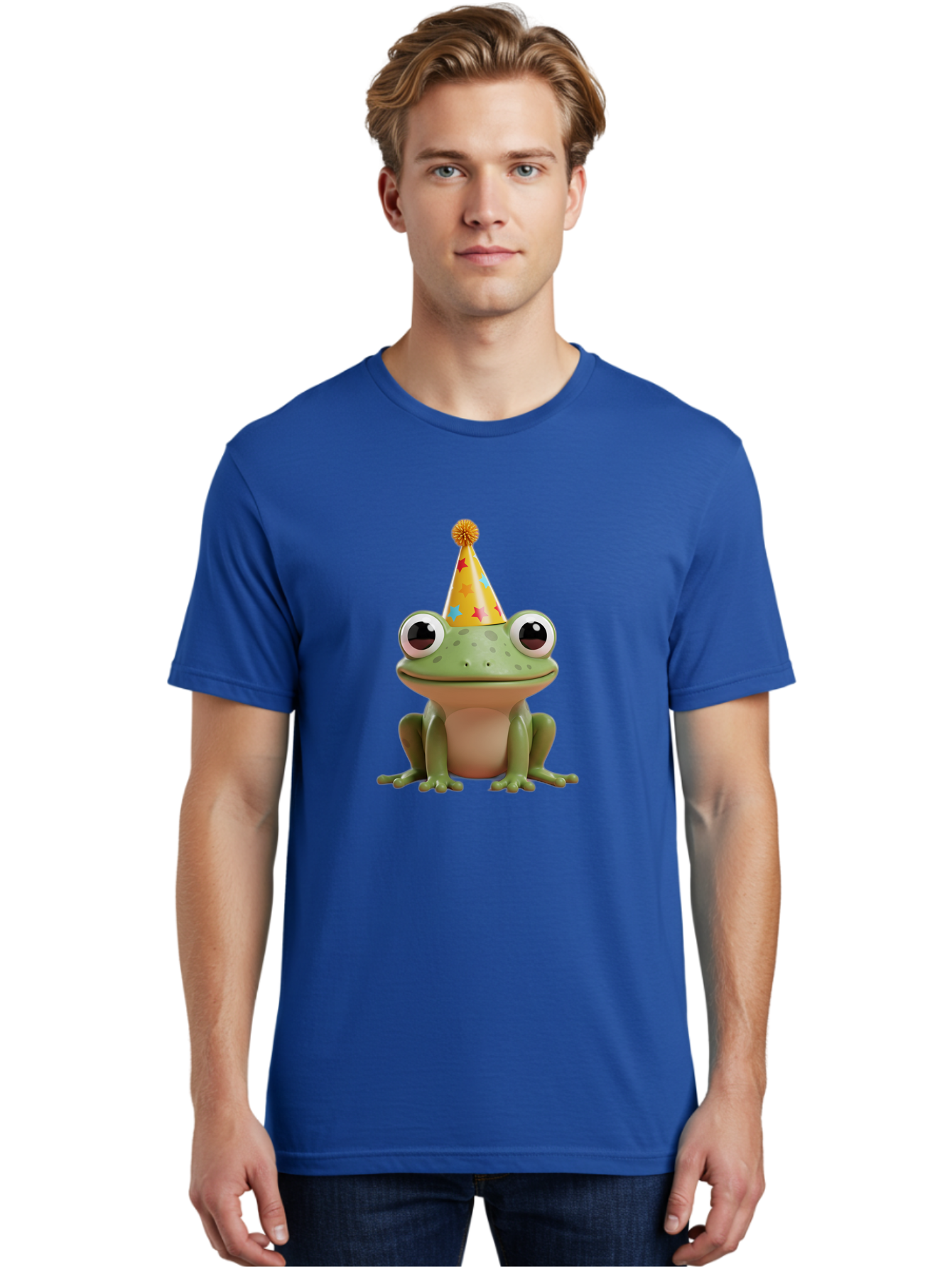 Frog-Party-Hat Men'S Graphic Tee, 100% Cotton, Comfortable Casual Summer Wear, Machine Washable, Green Frog, Party Hat, Festive Celebration, Cartoon Character, Cute Animal, Funny Illustration, Birthday Party, Holiday Fun, Joyful Atmosphere Bab926