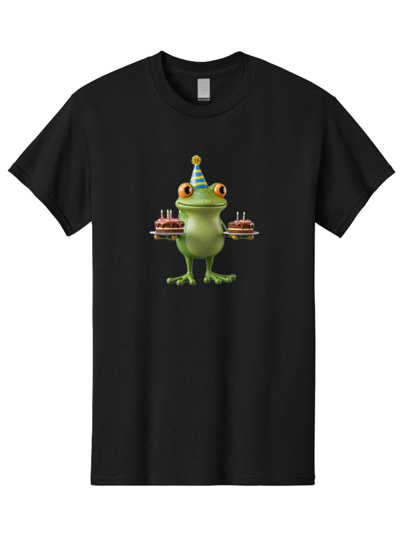 Frog-With-Birthday-Cakes Men'S Graphic Tee, 100% Cotton, Comfortable Casual Summer Wear, Machine Washable, Cartoon Frog, Birthday Celebration, Party Hat, Chocolate Cakes, Lit Candles, Festive Atmosphere, Funny Character, Cartoonish Eyes Bab927
