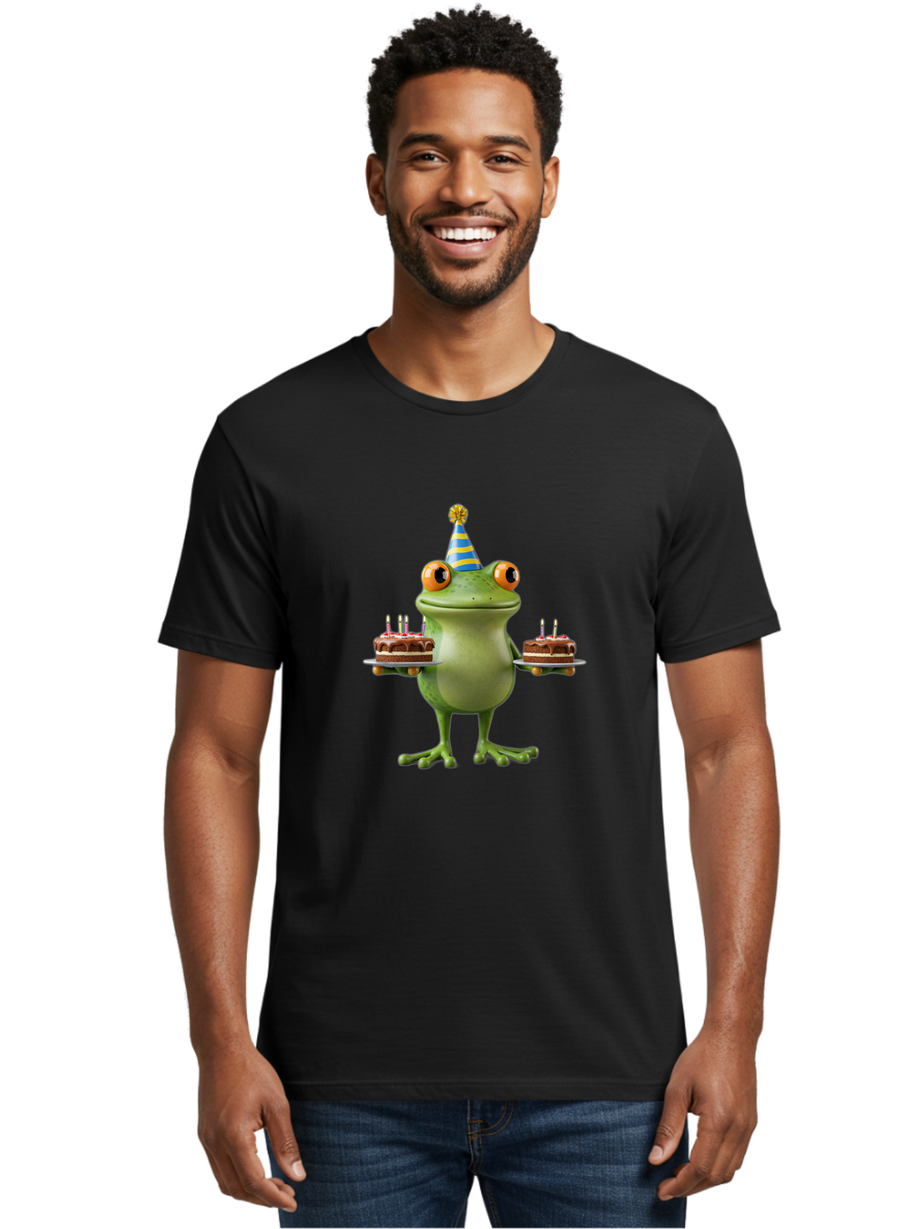 Frog-With-Birthday-Cakes Men'S Graphic Tee, 100% Cotton, Comfortable Casual Summer Wear, Machine Washable, Cartoon Frog, Birthday Celebration, Party Hat, Chocolate Cakes, Lit Candles, Festive Atmosphere, Funny Character, Cartoonish Eyes Bab927
