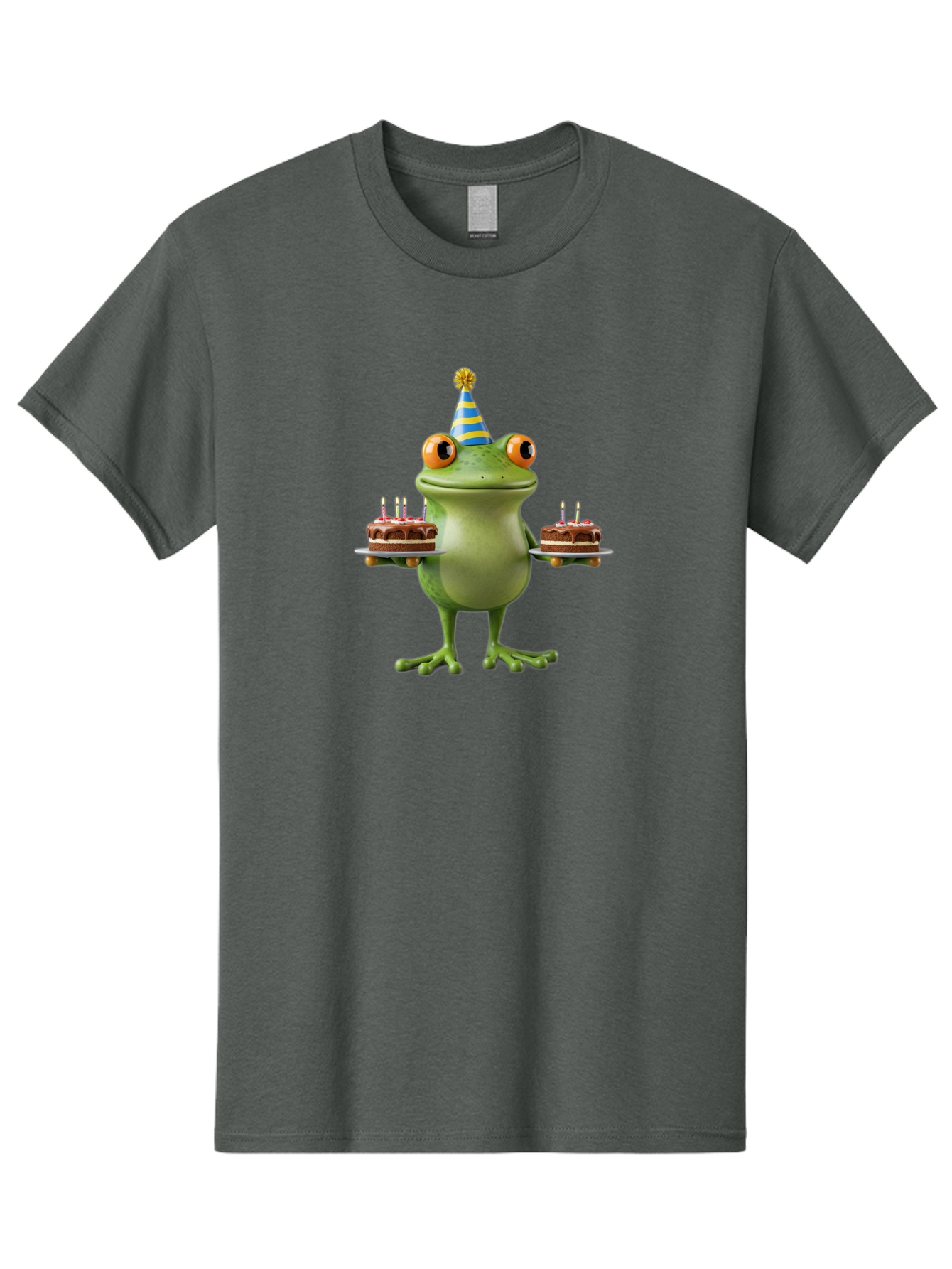 Frog-With-Birthday-Cakes Men'S Graphic Tee, 100% Cotton, Comfortable Casual Summer Wear, Machine Washable, Cartoon Frog, Birthday Celebration, Party Hat, Chocolate Cakes, Lit Candles, Festive Atmosphere, Funny Character, Cartoonish Eyes Bab927