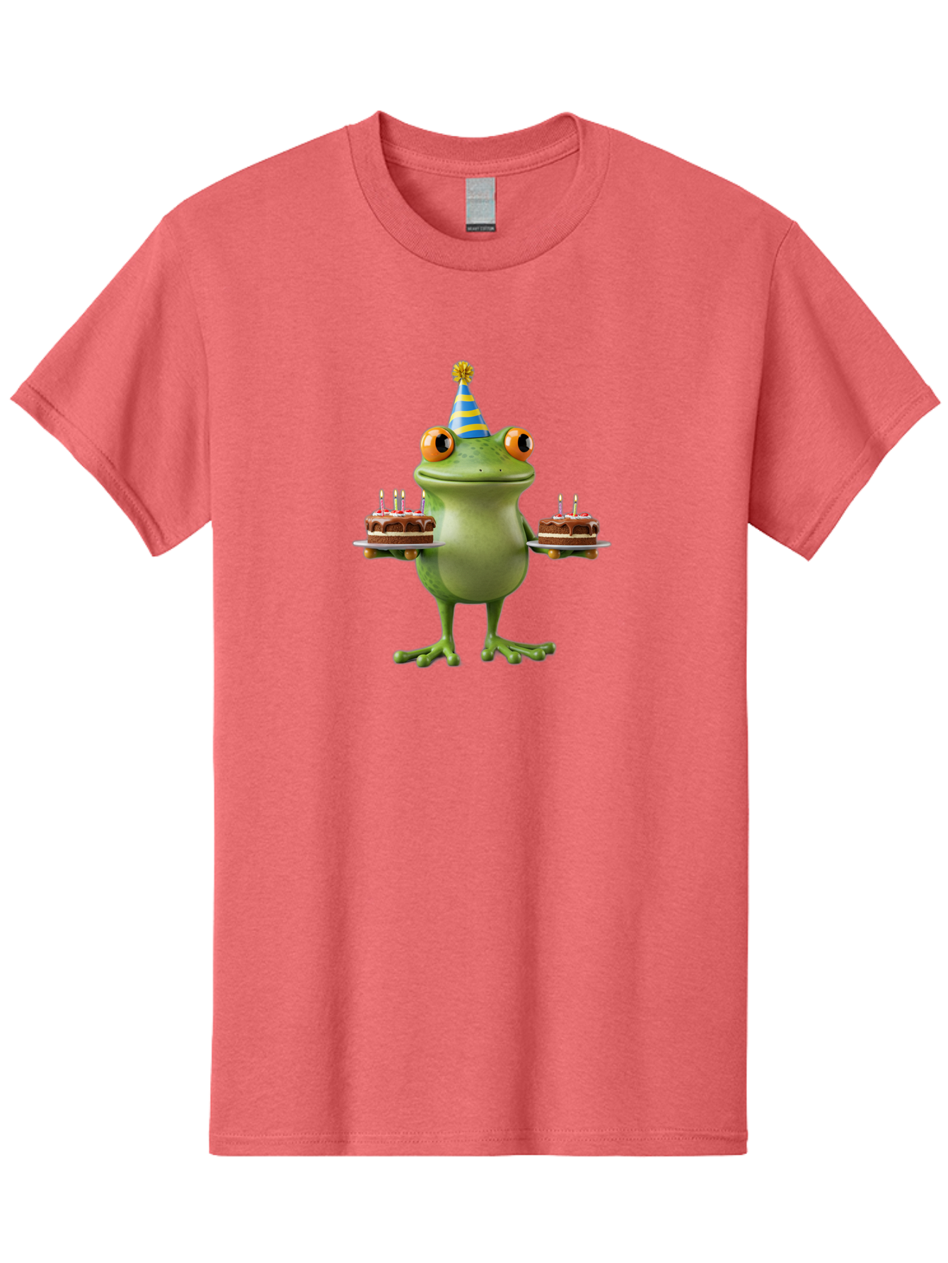 Frog-With-Birthday-Cakes Men'S Graphic Tee, 100% Cotton, Comfortable Casual Summer Wear, Machine Washable, Cartoon Frog, Birthday Celebration, Party Hat, Chocolate Cakes, Lit Candles, Festive Atmosphere, Funny Character, Cartoonish Eyes Bab927