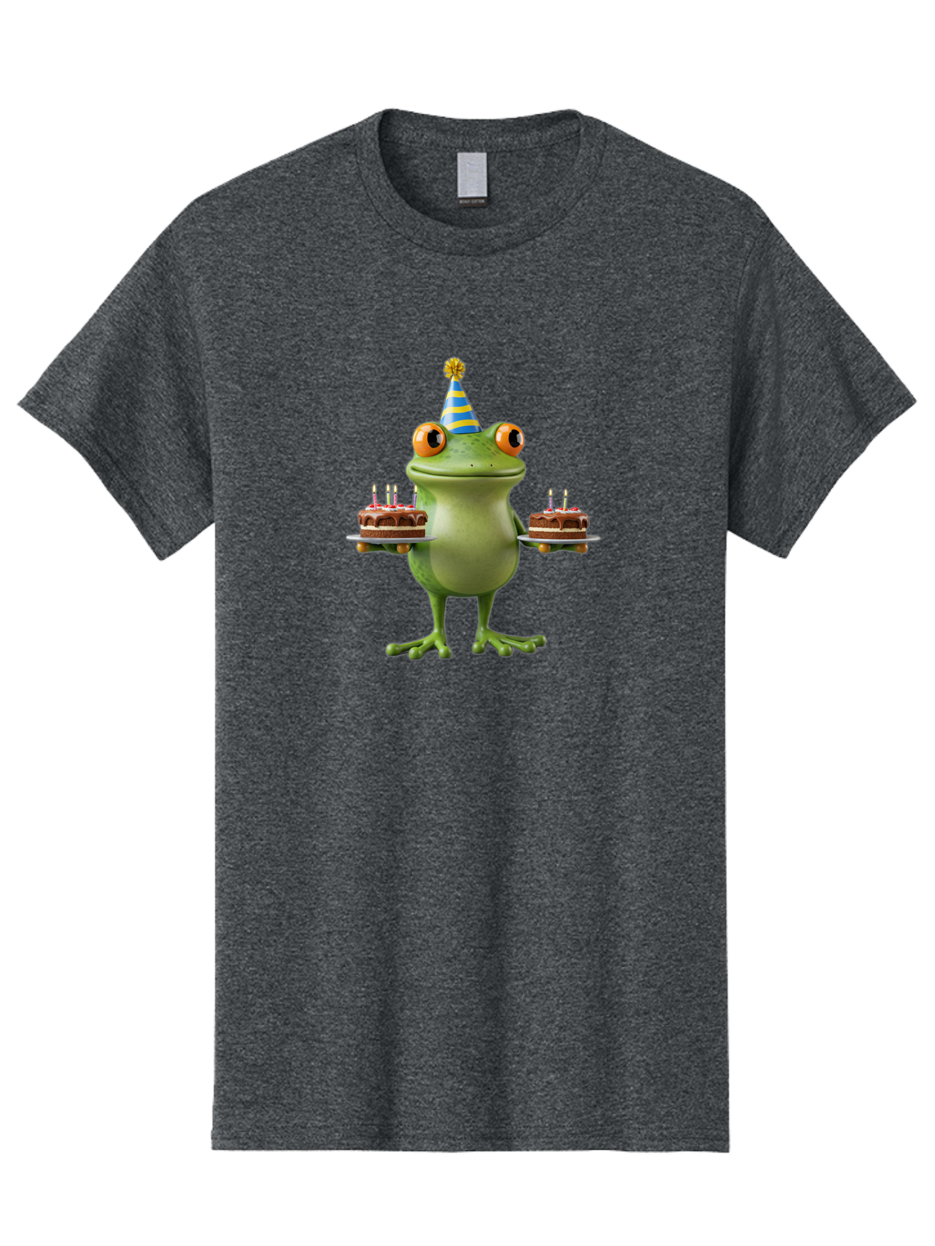 Frog-With-Birthday-Cakes Men'S Graphic Tee, 100% Cotton, Comfortable Casual Summer Wear, Machine Washable, Cartoon Frog, Birthday Celebration, Party Hat, Chocolate Cakes, Lit Candles, Festive Atmosphere, Funny Character, Cartoonish Eyes Bab927