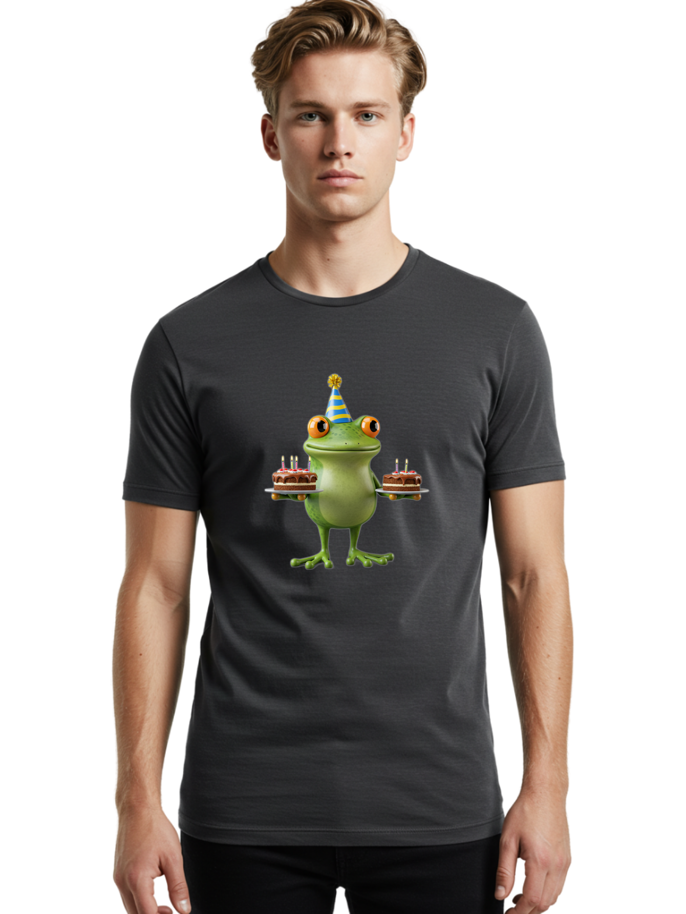 Frog-With-Birthday-Cakes Men'S Graphic Tee, 100% Cotton, Comfortable Casual Summer Wear, Machine Washable, Cartoon Frog, Birthday Celebration, Party Hat, Chocolate Cakes, Lit Candles, Festive Atmosphere, Funny Character, Cartoonish Eyes Bab927