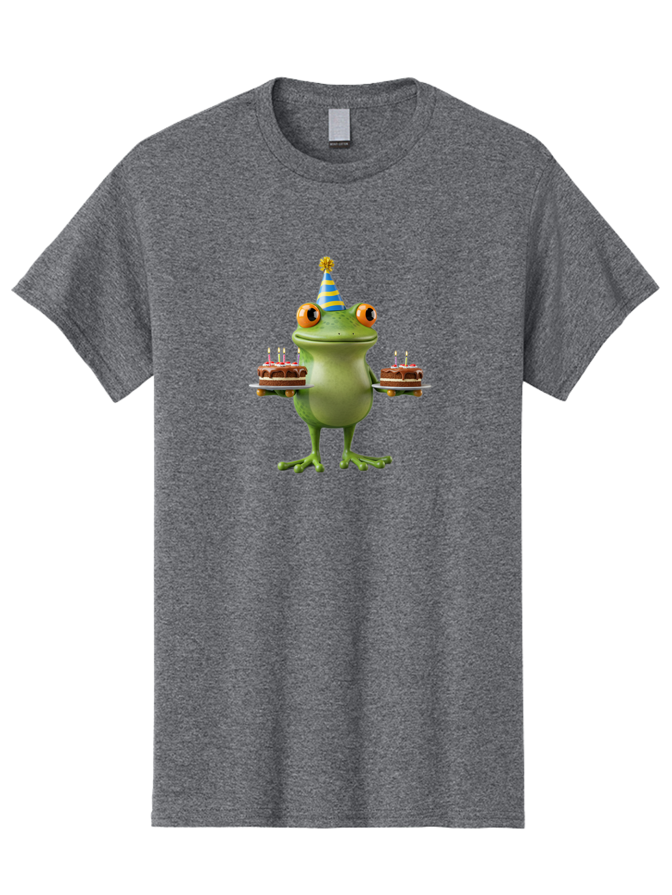 Frog-With-Birthday-Cakes Men'S Graphic Tee, 100% Cotton, Comfortable Casual Summer Wear, Machine Washable, Cartoon Frog, Birthday Celebration, Party Hat, Chocolate Cakes, Lit Candles, Festive Atmosphere, Funny Character, Cartoonish Eyes Bab927