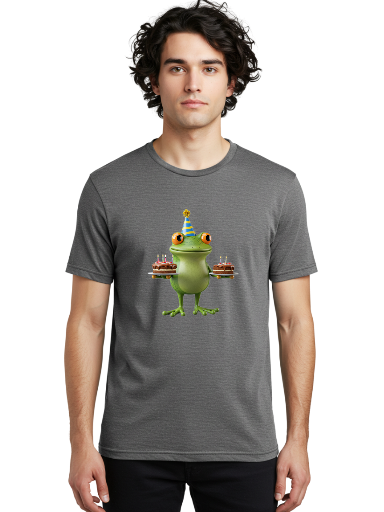 Frog-With-Birthday-Cakes Men'S Graphic Tee, 100% Cotton, Comfortable Casual Summer Wear, Machine Washable, Cartoon Frog, Birthday Celebration, Party Hat, Chocolate Cakes, Lit Candles, Festive Atmosphere, Funny Character, Cartoonish Eyes Bab927