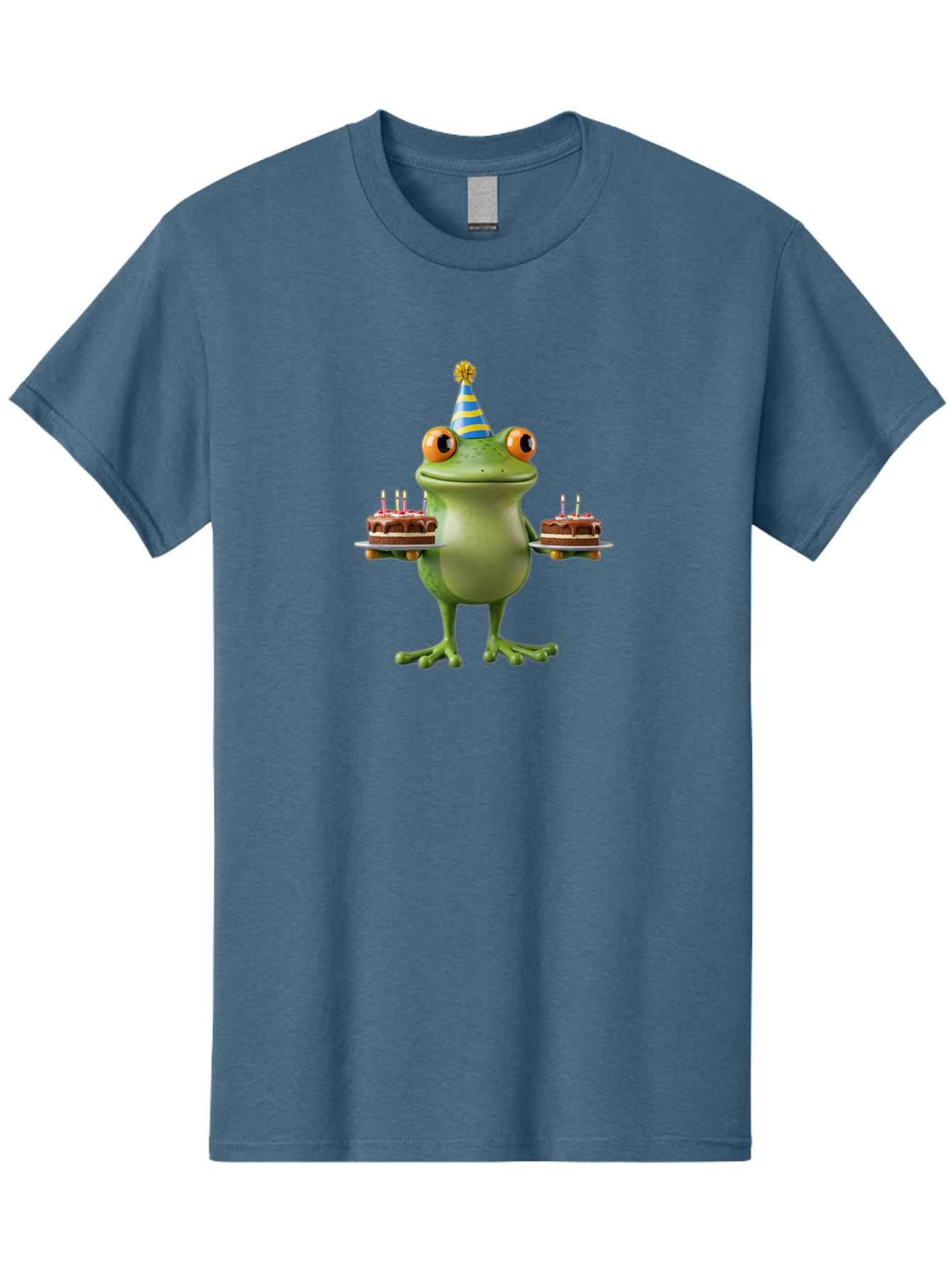 Frog-With-Birthday-Cakes Men'S Graphic Tee, 100% Cotton, Comfortable Casual Summer Wear, Machine Washable, Cartoon Frog, Birthday Celebration, Party Hat, Chocolate Cakes, Lit Candles, Festive Atmosphere, Funny Character, Cartoonish Eyes Bab927