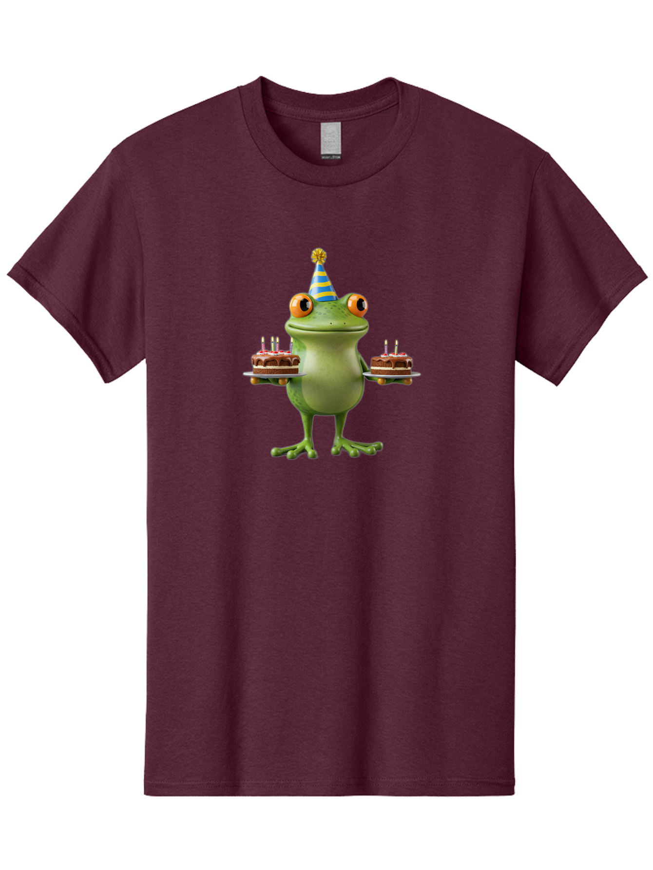 Frog-With-Birthday-Cakes Men'S Graphic Tee, 100% Cotton, Comfortable Casual Summer Wear, Machine Washable, Cartoon Frog, Birthday Celebration, Party Hat, Chocolate Cakes, Lit Candles, Festive Atmosphere, Funny Character, Cartoonish Eyes Bab927