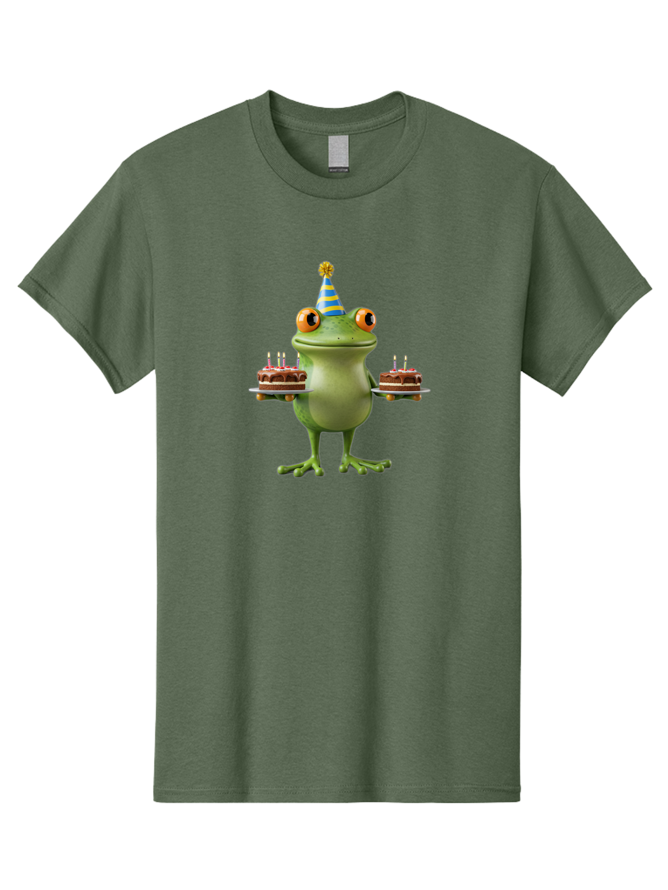 Frog-With-Birthday-Cakes Men'S Graphic Tee, 100% Cotton, Comfortable Casual Summer Wear, Machine Washable, Cartoon Frog, Birthday Celebration, Party Hat, Chocolate Cakes, Lit Candles, Festive Atmosphere, Funny Character, Cartoonish Eyes Bab927