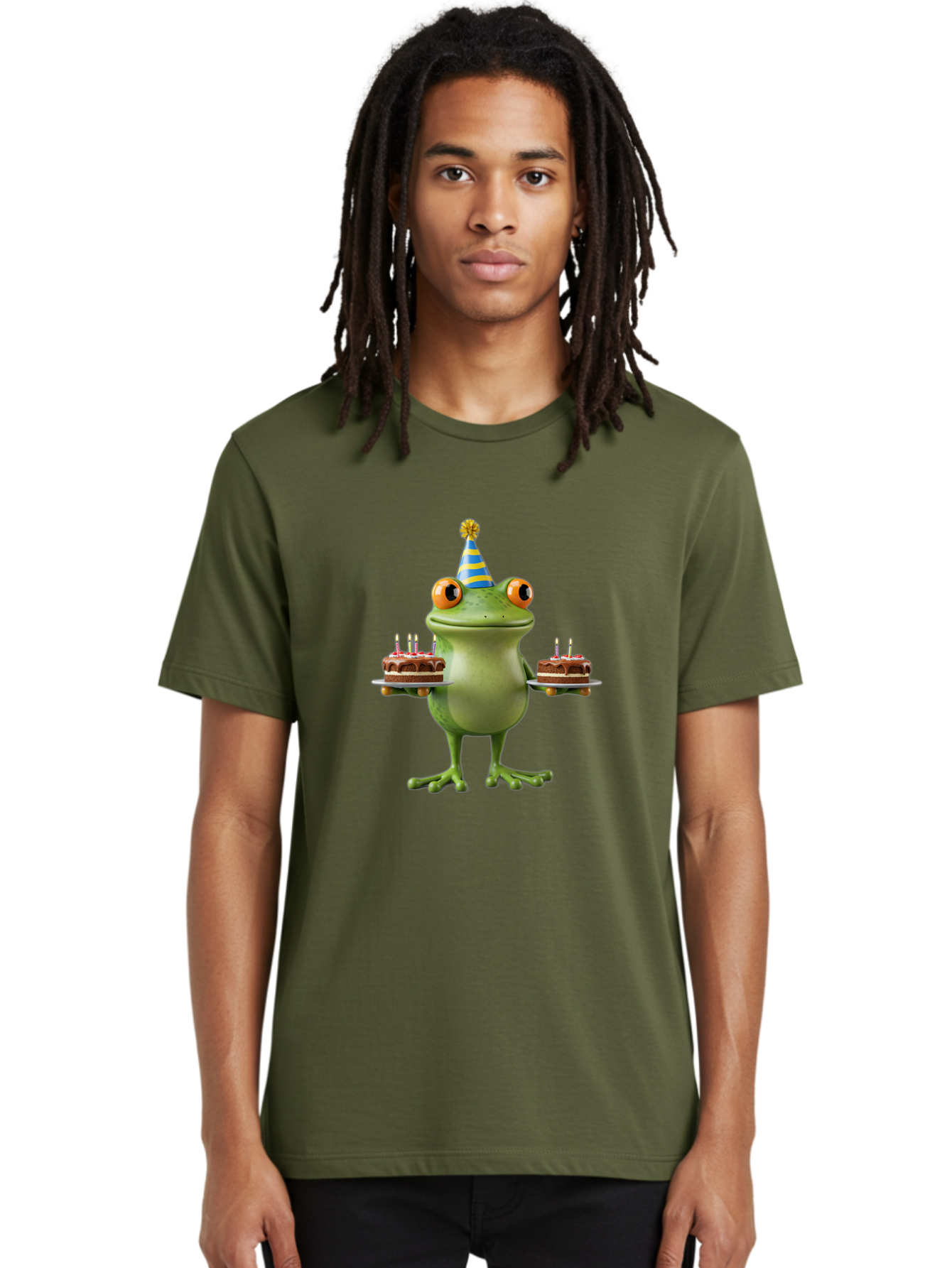 Frog-With-Birthday-Cakes Men'S Graphic Tee, 100% Cotton, Comfortable Casual Summer Wear, Machine Washable, Cartoon Frog, Birthday Celebration, Party Hat, Chocolate Cakes, Lit Candles, Festive Atmosphere, Funny Character, Cartoonish Eyes Bab927