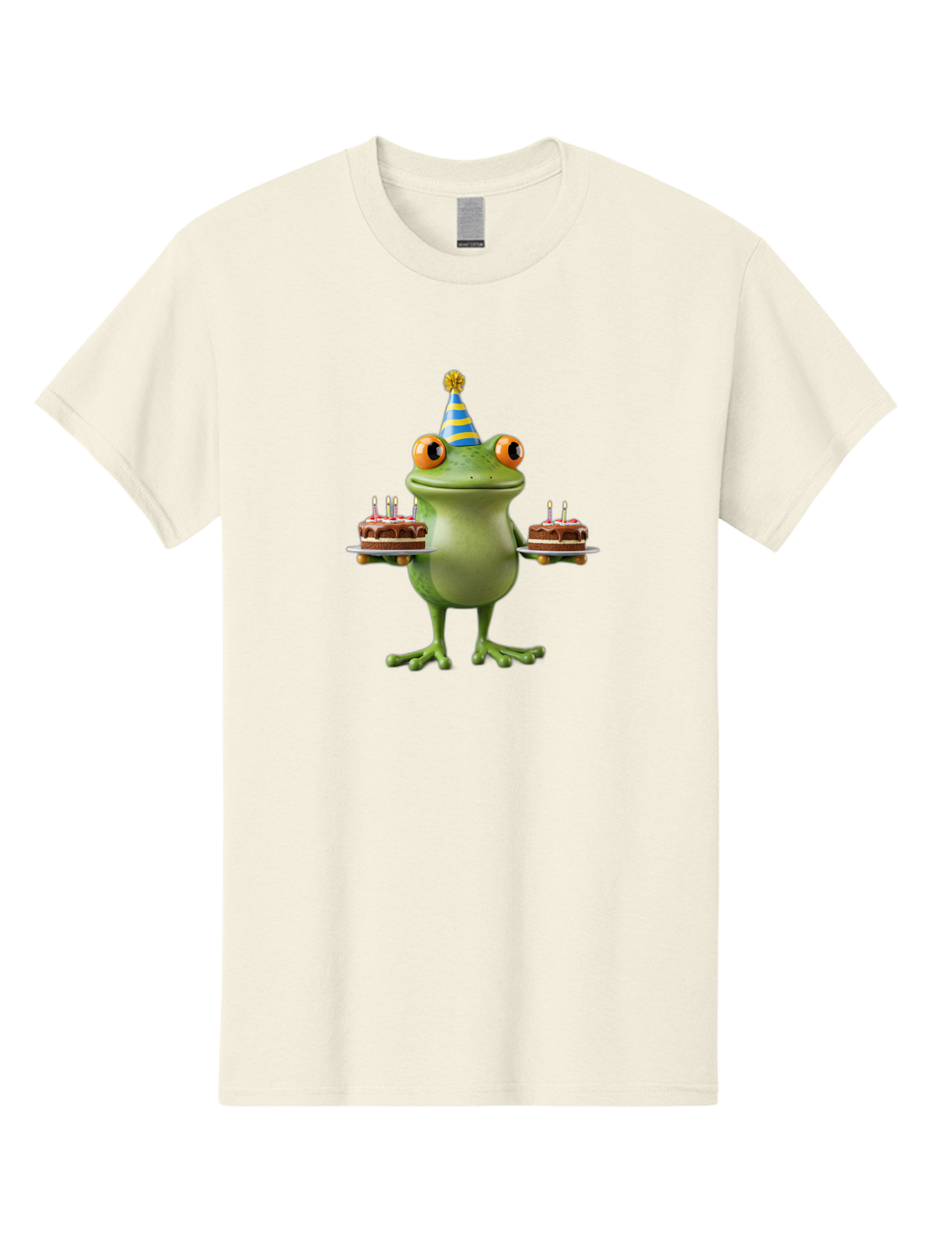Frog-With-Birthday-Cakes Men'S Graphic Tee, 100% Cotton, Comfortable Casual Summer Wear, Machine Washable, Cartoon Frog, Birthday Celebration, Party Hat, Chocolate Cakes, Lit Candles, Festive Atmosphere, Funny Character, Cartoonish Eyes Bab927