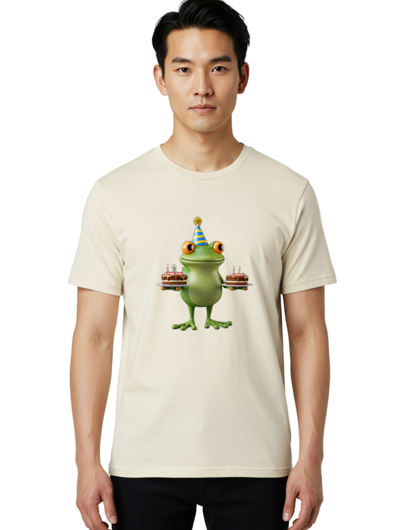 Frog-With-Birthday-Cakes Men'S Graphic Tee, 100% Cotton, Comfortable Casual Summer Wear, Machine Washable, Cartoon Frog, Birthday Celebration, Party Hat, Chocolate Cakes, Lit Candles, Festive Atmosphere, Funny Character, Cartoonish Eyes Bab927