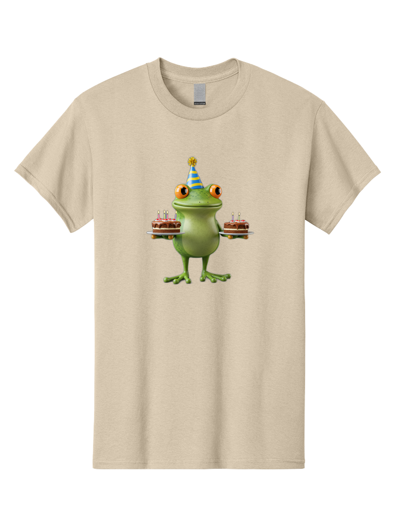 Frog-With-Birthday-Cakes Men'S Graphic Tee, 100% Cotton, Comfortable Casual Summer Wear, Machine Washable, Cartoon Frog, Birthday Celebration, Party Hat, Chocolate Cakes, Lit Candles, Festive Atmosphere, Funny Character, Cartoonish Eyes Bab927