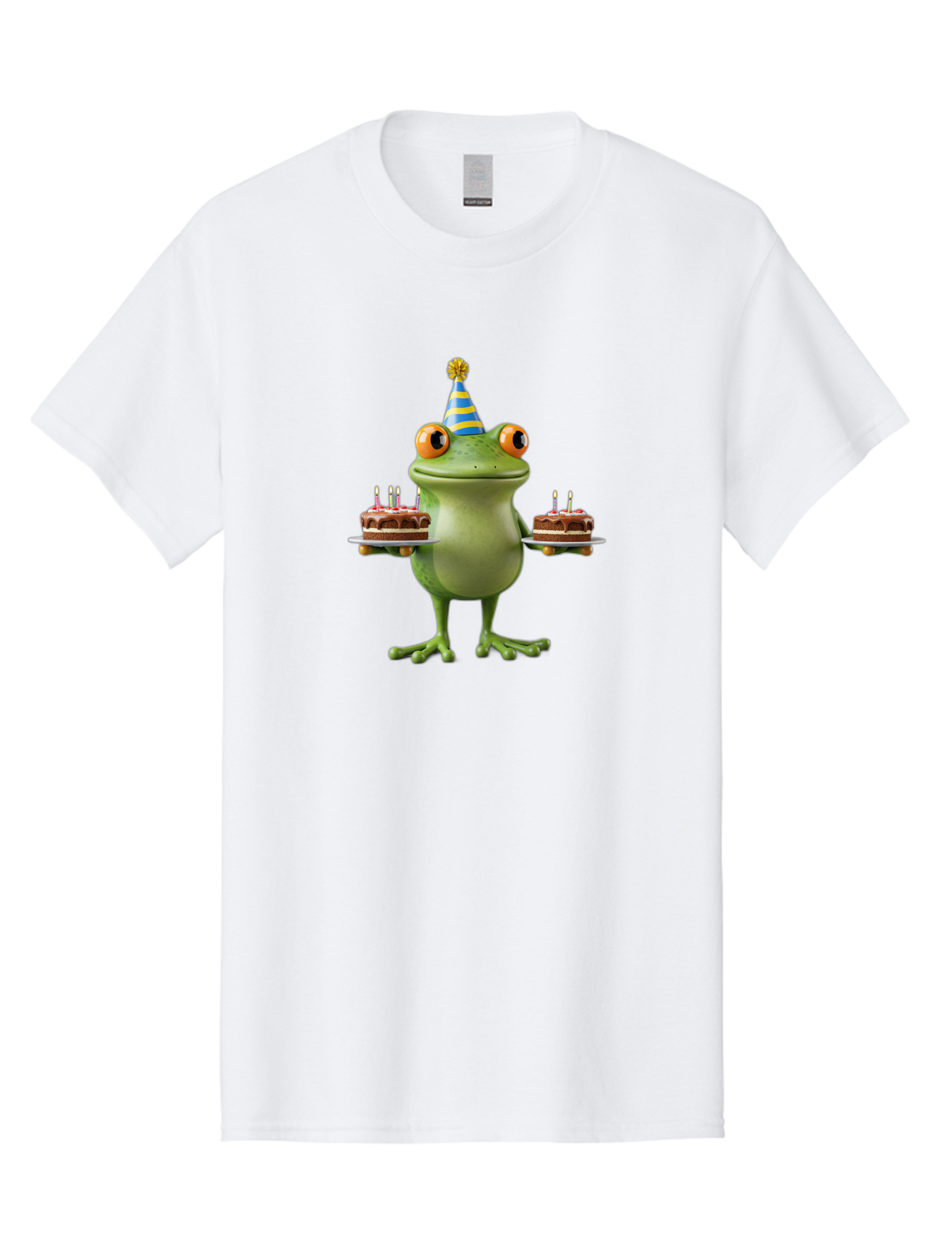 Frog-With-Birthday-Cakes Men'S Graphic Tee, 100% Cotton, Comfortable Casual Summer Wear, Machine Washable, Cartoon Frog, Birthday Celebration, Party Hat, Chocolate Cakes, Lit Candles, Festive Atmosphere, Funny Character, Cartoonish Eyes Bab927