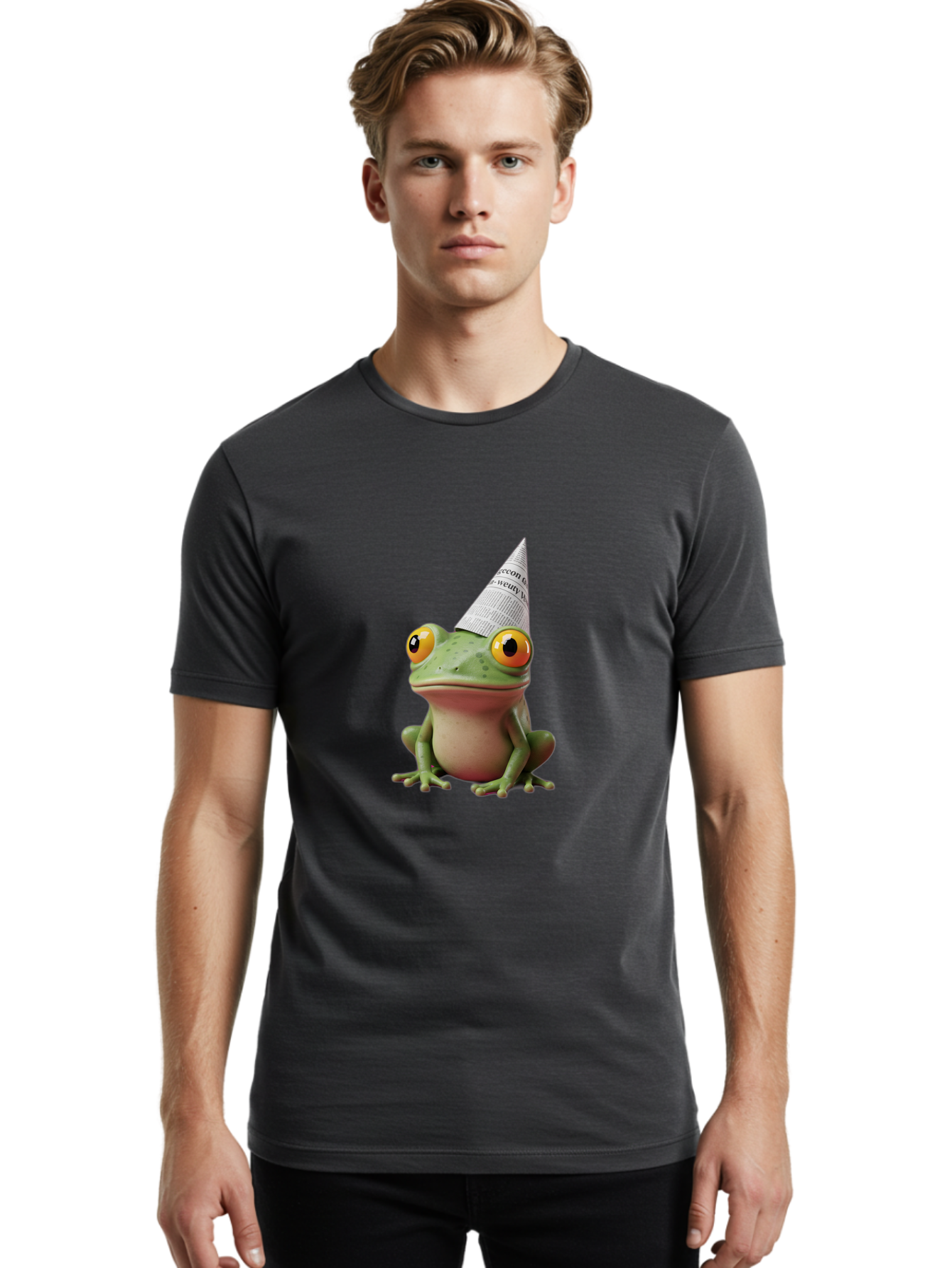 Frog-With-Party-Hat-1 Men'S Graphic Tee, 100% Cotton, Comfortable Casual Summer Wear, Machine Washable, Funny Frog, Party Hat, Festive Atmosphere, Cute Animal, Playful Vibe, Quirky Illustration, Humorous Character, Cartoon Style Bab929