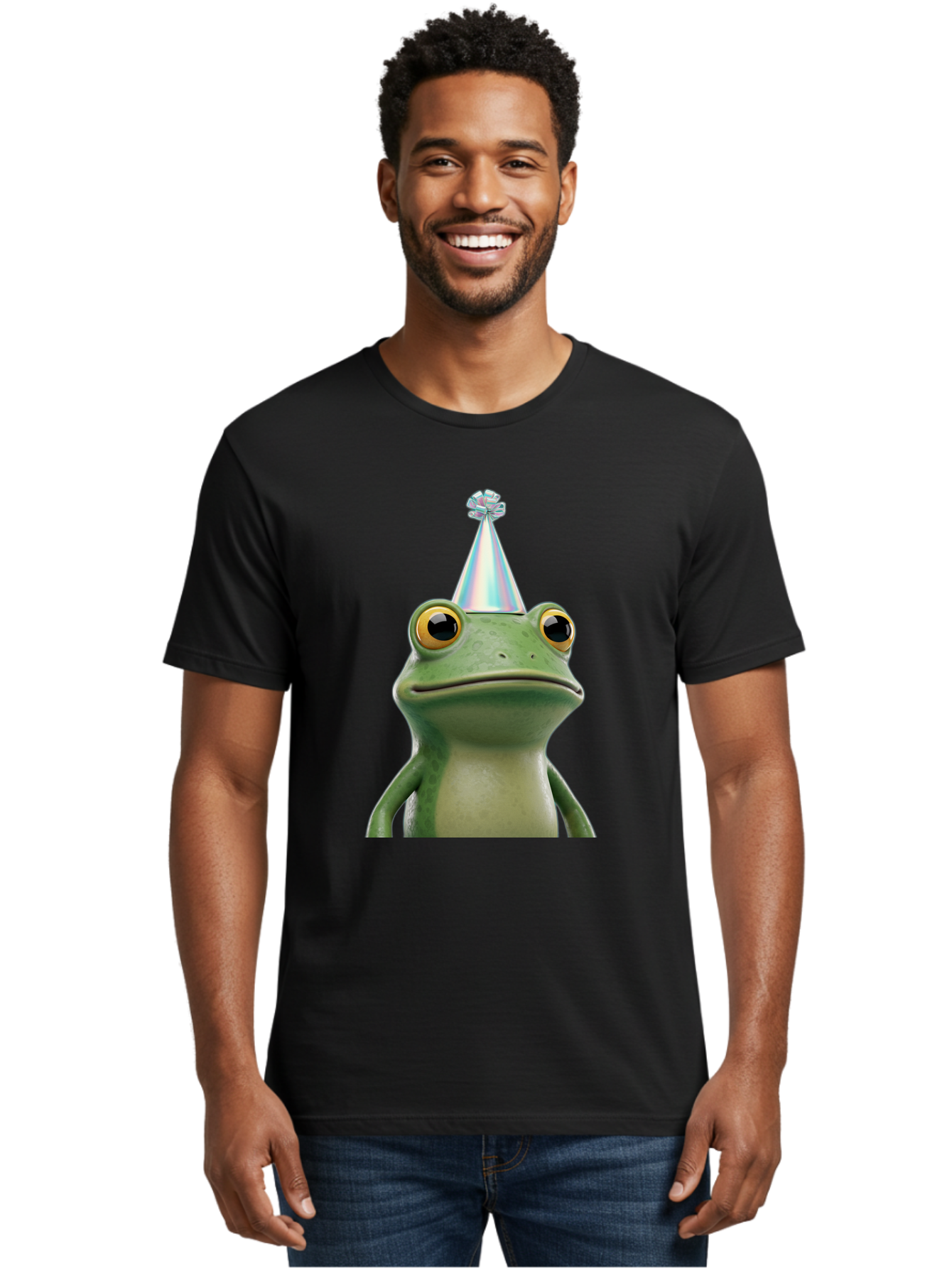 Frog-With-Party-Hat-2 Men'S Graphic Tee, 100% Cotton, Comfortable Casual Summer Wear, Machine Washable, 3D Cartoon Frog, Party Hat, Celebration, Festive Atmosphere, Funny Animal, Party Accessories, Shiny Hat, Comical Expression, Bab930