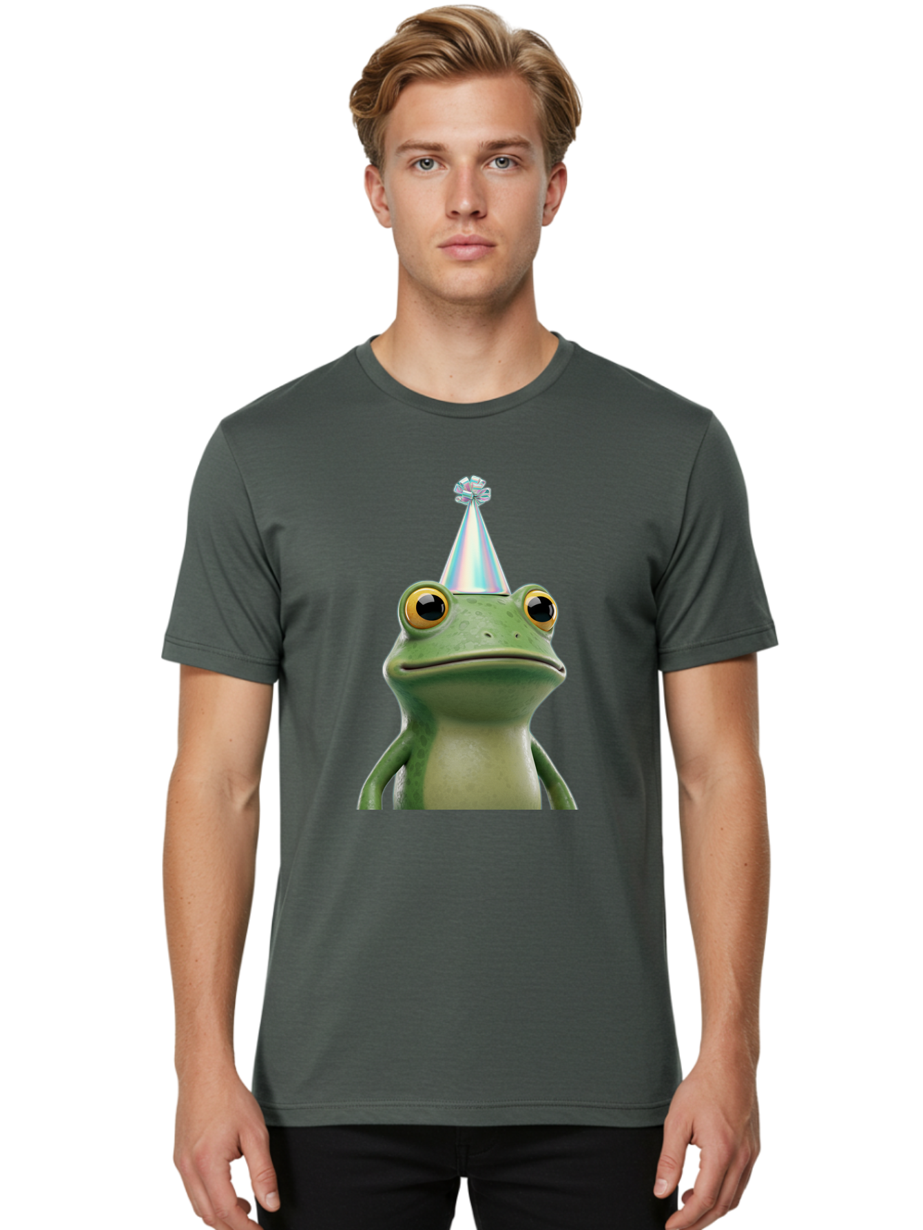 Frog-With-Party-Hat-2 Men'S Graphic Tee, 100% Cotton, Comfortable Casual Summer Wear, Machine Washable, 3D Cartoon Frog, Party Hat, Celebration, Festive Atmosphere, Funny Animal, Party Accessories, Shiny Hat, Comical Expression, Bab930