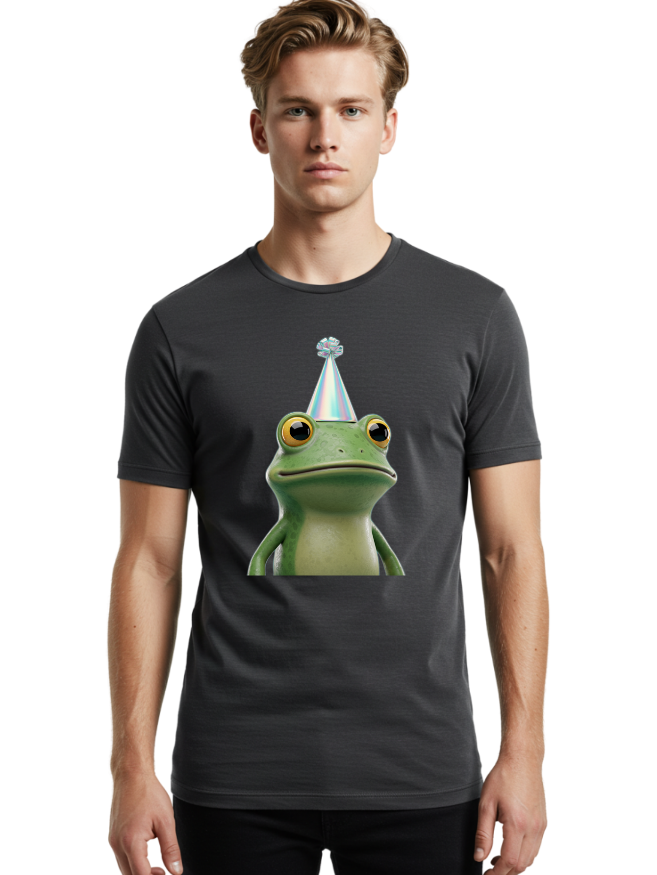 Frog-With-Party-Hat-2 Men'S Graphic Tee, 100% Cotton, Comfortable Casual Summer Wear, Machine Washable, 3D Cartoon Frog, Party Hat, Celebration, Festive Atmosphere, Funny Animal, Party Accessories, Shiny Hat, Comical Expression, Bab930