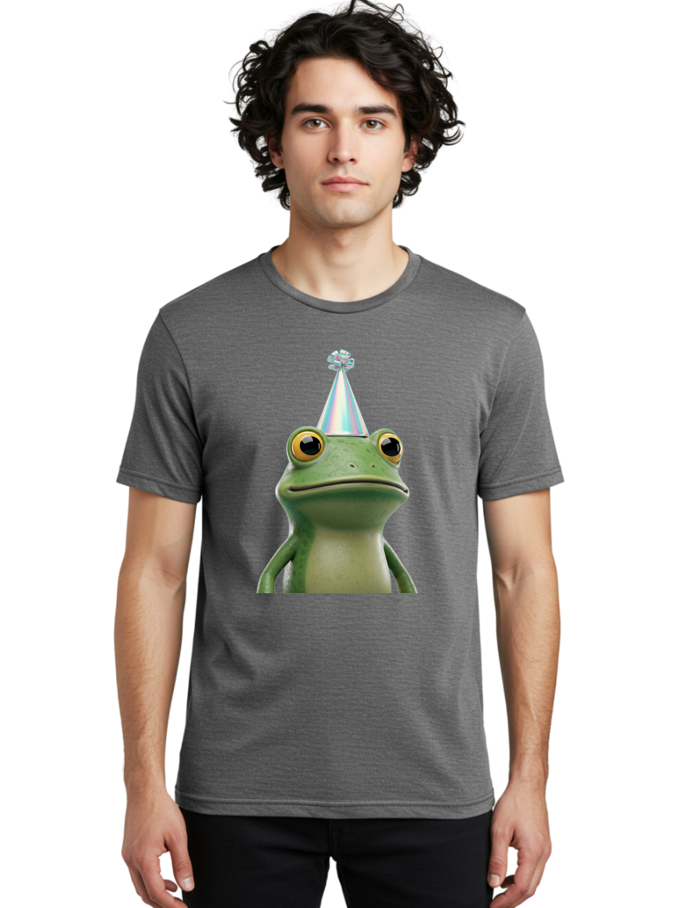Frog-With-Party-Hat-2 Men'S Graphic Tee, 100% Cotton, Comfortable Casual Summer Wear, Machine Washable, 3D Cartoon Frog, Party Hat, Celebration, Festive Atmosphere, Funny Animal, Party Accessories, Shiny Hat, Comical Expression, Bab930