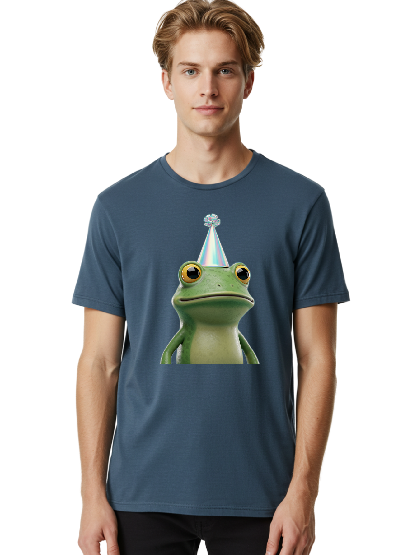 Frog-With-Party-Hat-2 Men'S Graphic Tee, 100% Cotton, Comfortable Casual Summer Wear, Machine Washable, 3D Cartoon Frog, Party Hat, Celebration, Festive Atmosphere, Funny Animal, Party Accessories, Shiny Hat, Comical Expression, Bab930