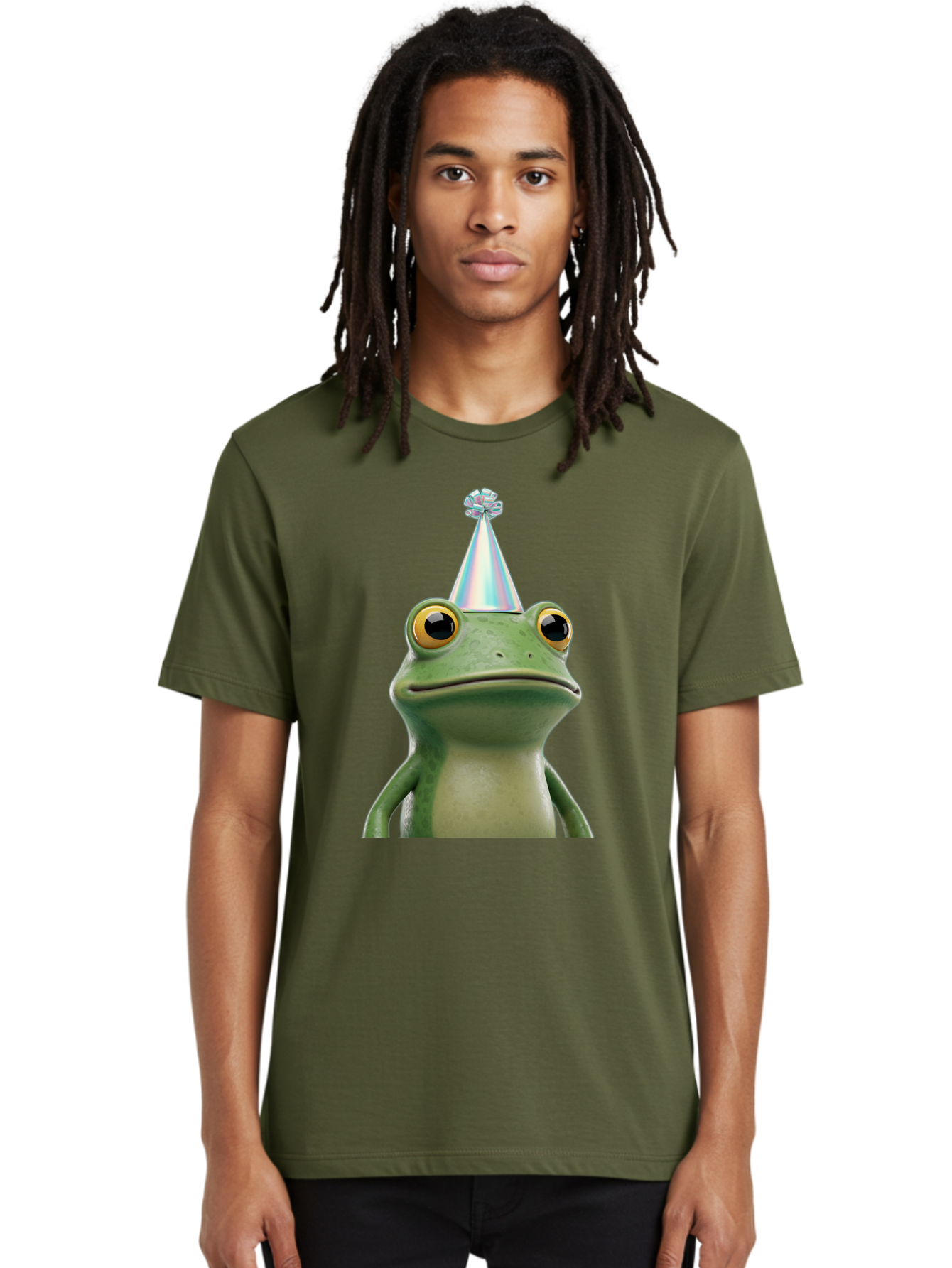 Frog-With-Party-Hat-2 Men'S Graphic Tee, 100% Cotton, Comfortable Casual Summer Wear, Machine Washable, 3D Cartoon Frog, Party Hat, Celebration, Festive Atmosphere, Funny Animal, Party Accessories, Shiny Hat, Comical Expression, Bab930