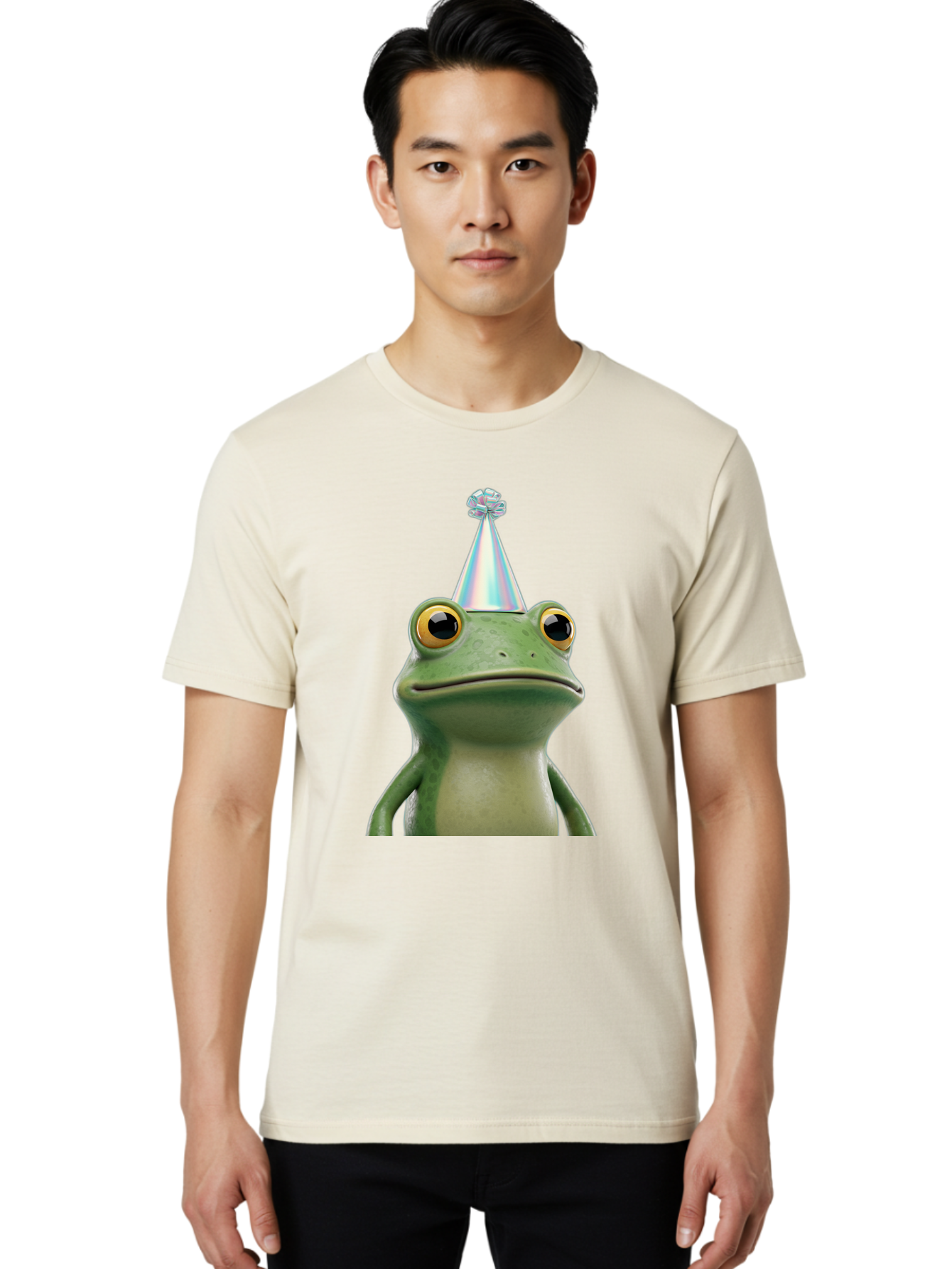 Frog-With-Party-Hat-2 Men'S Graphic Tee, 100% Cotton, Comfortable Casual Summer Wear, Machine Washable, 3D Cartoon Frog, Party Hat, Celebration, Festive Atmosphere, Funny Animal, Party Accessories, Shiny Hat, Comical Expression, Bab930