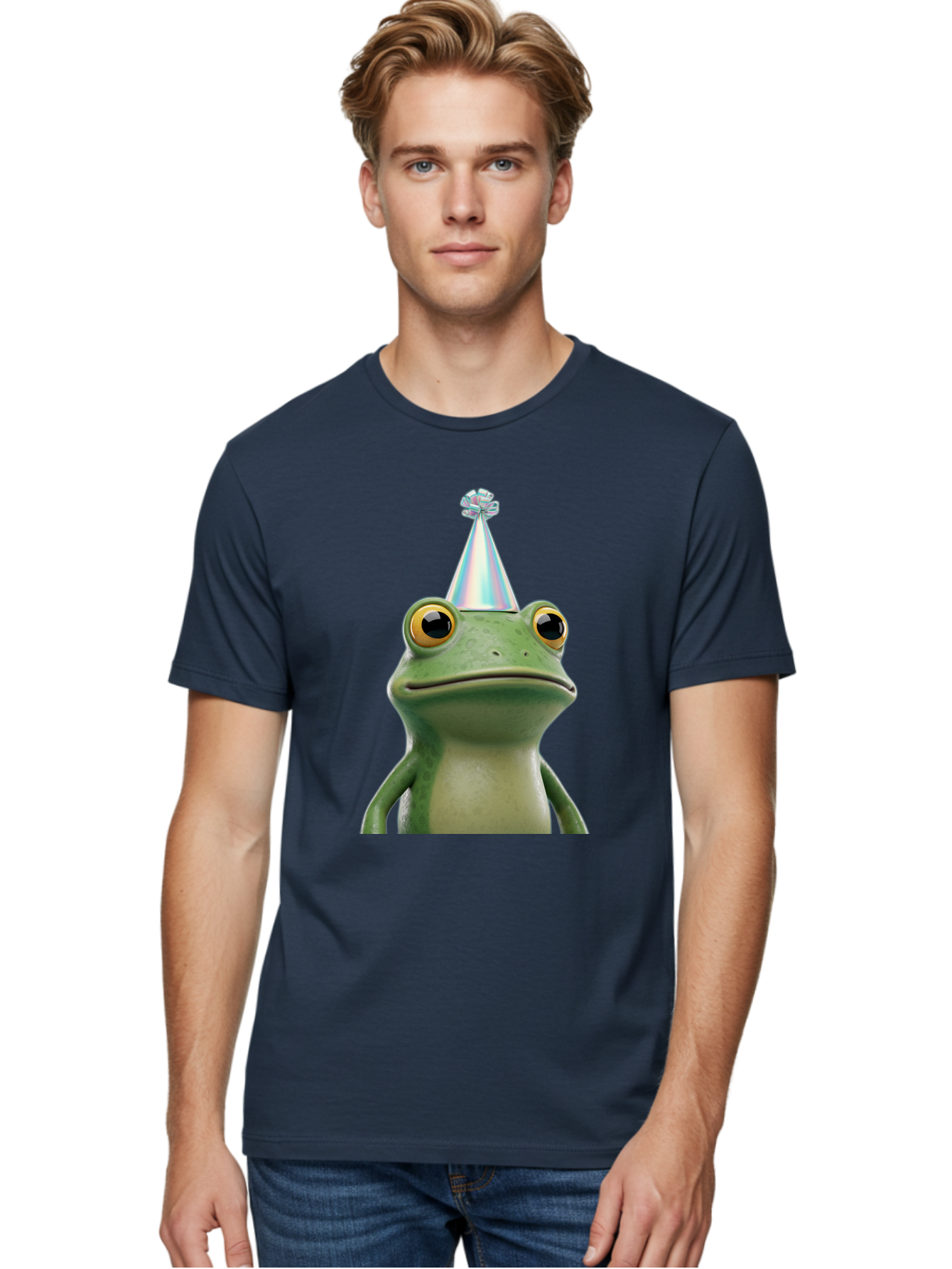 Frog-With-Party-Hat-2 Men'S Graphic Tee, 100% Cotton, Comfortable Casual Summer Wear, Machine Washable, 3D Cartoon Frog, Party Hat, Celebration, Festive Atmosphere, Funny Animal, Party Accessories, Shiny Hat, Comical Expression, Bab930