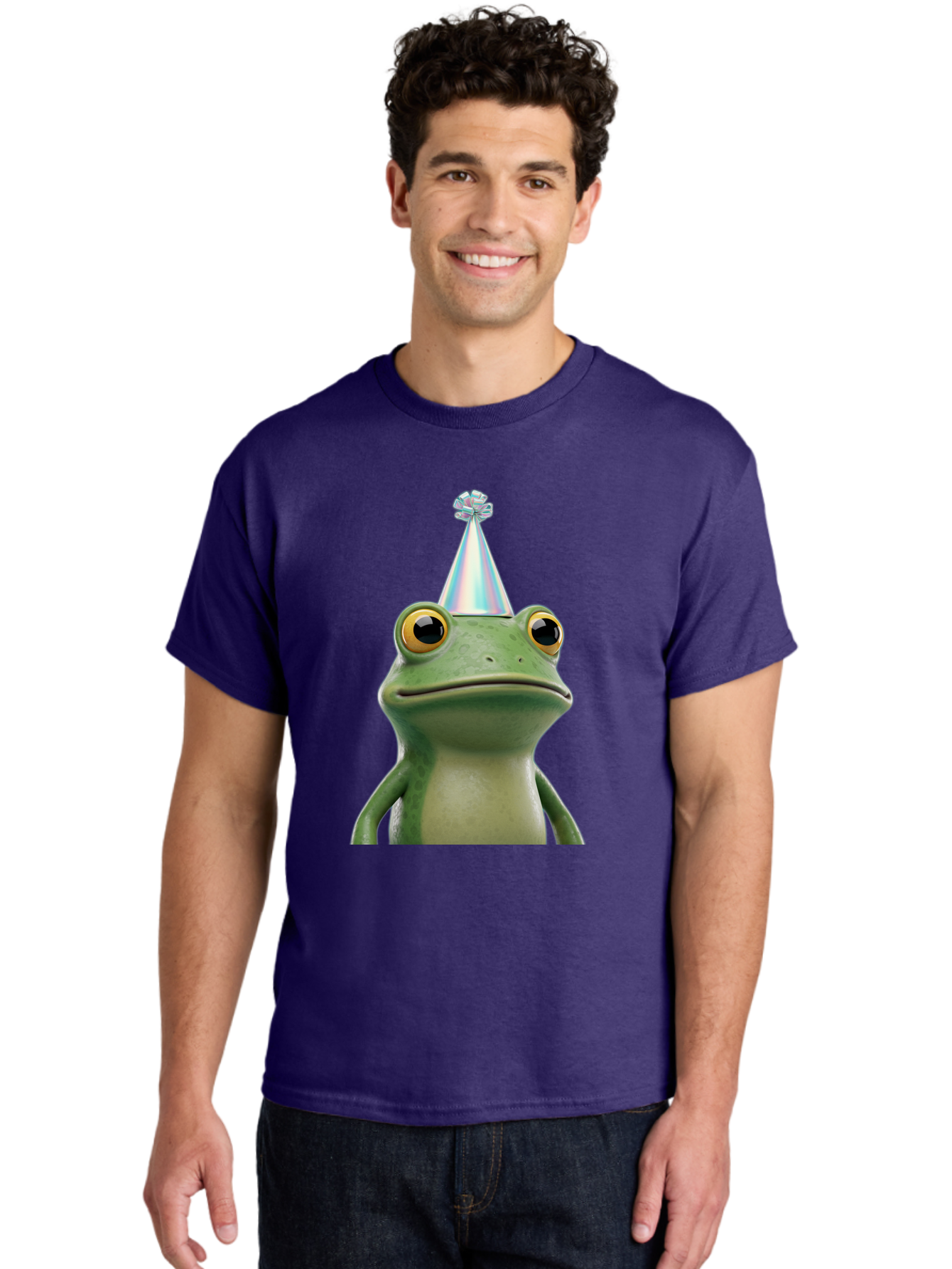 Frog-With-Party-Hat-2 Men'S Graphic Tee, 100% Cotton, Comfortable Casual Summer Wear, Machine Washable, 3D Cartoon Frog, Party Hat, Celebration, Festive Atmosphere, Funny Animal, Party Accessories, Shiny Hat, Comical Expression, Bab930