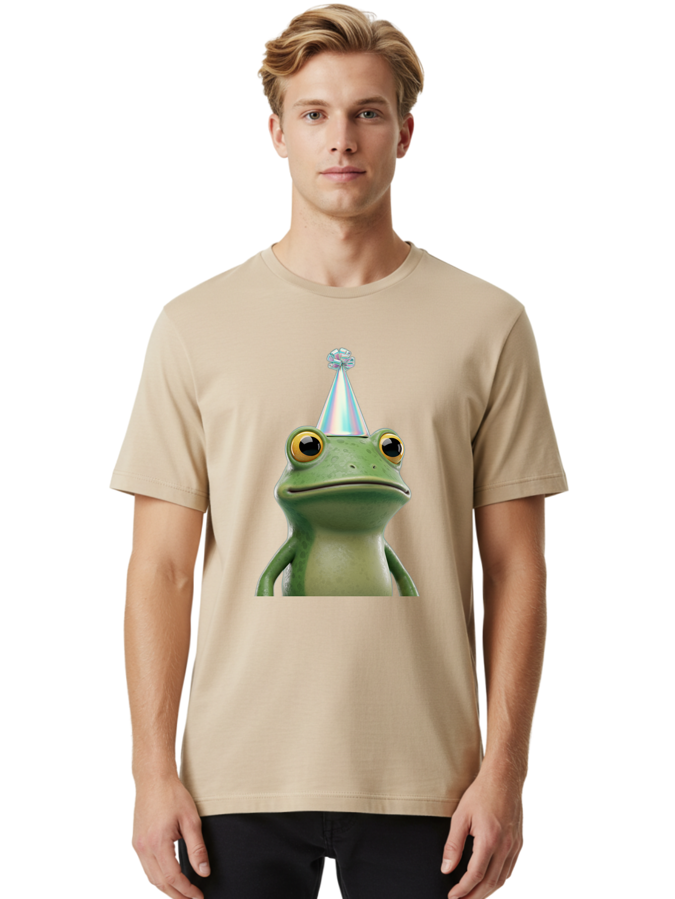 Frog-With-Party-Hat-2 Men'S Graphic Tee, 100% Cotton, Comfortable Casual Summer Wear, Machine Washable, 3D Cartoon Frog, Party Hat, Celebration, Festive Atmosphere, Funny Animal, Party Accessories, Shiny Hat, Comical Expression, Bab930