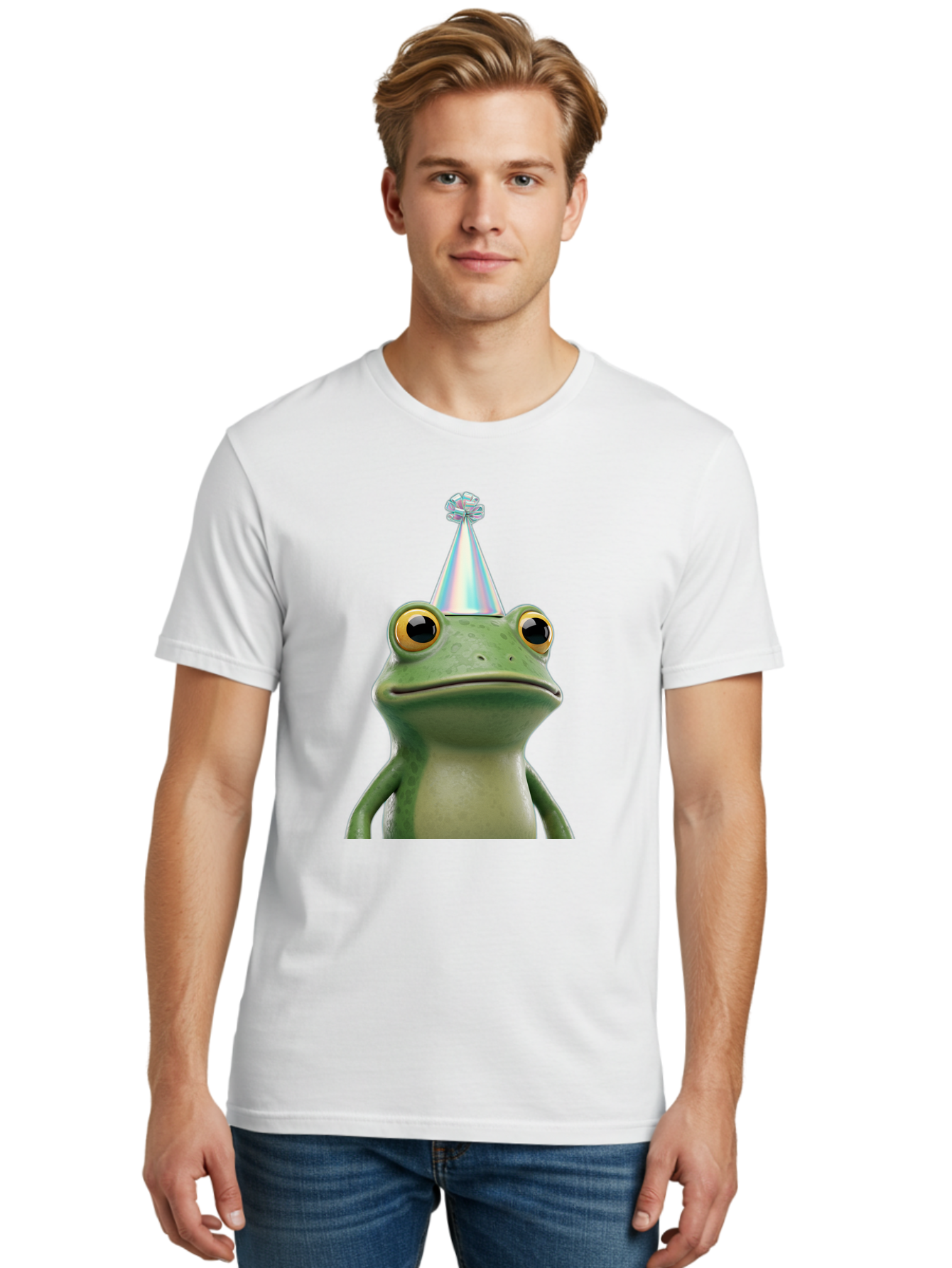 Frog-With-Party-Hat-2 Men'S Graphic Tee, 100% Cotton, Comfortable Casual Summer Wear, Machine Washable, 3D Cartoon Frog, Party Hat, Celebration, Festive Atmosphere, Funny Animal, Party Accessories, Shiny Hat, Comical Expression, Bab930