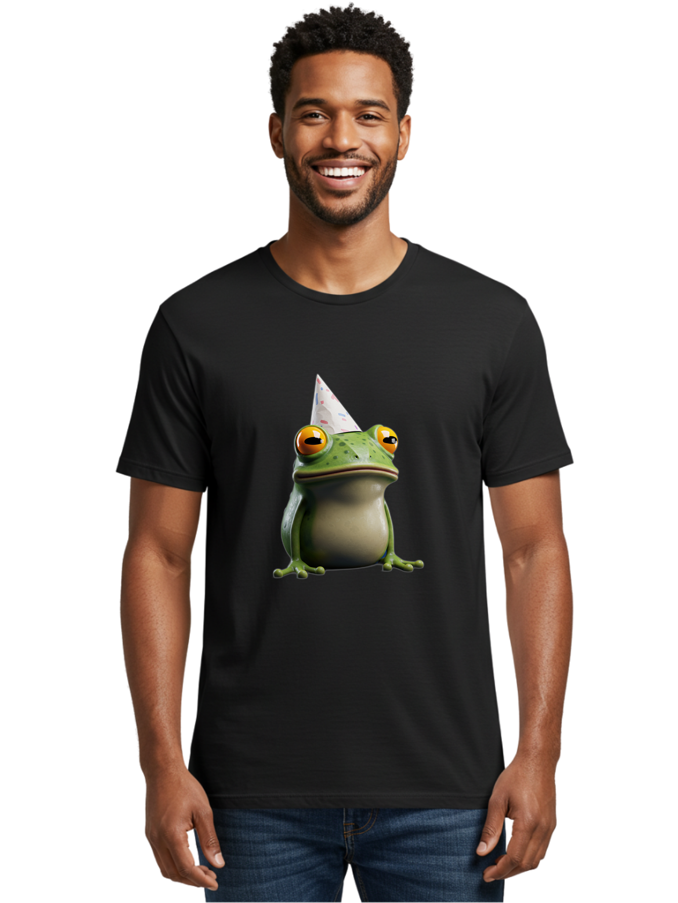 Frog-With-Party-Hat-3 Men'S Graphic Tee, 100% Cotton, Comfortable Casual Summer Wear, Machine Washable, Cartoon Frog, Party Hat, Celebration, Green Frog, Funny Animal, Festive Atmosphere, Comical Character, Joyful Scene, Cute Illustration, Bab931